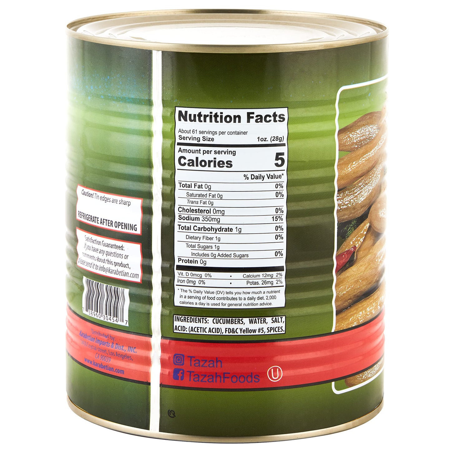 Tazah Cucumber Pickle 6.62 Lbs Large Pickled Cucumbers In Brine 30-36 Large Cucumbers In Each #10 Can Kosher