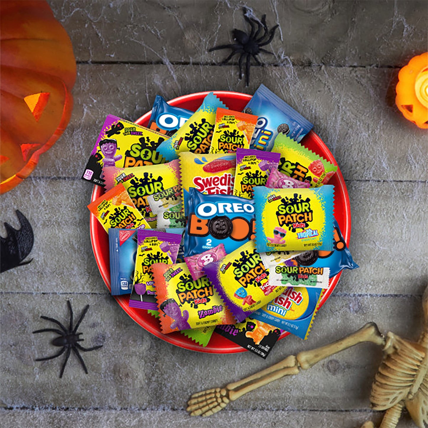 Sour Patch Kids, Oreo Mini Chocolate Sandwich Cookies & Swedish Fish Mini Halloween Candy Variety Pack, Bulk Candy, 65 Trick Or Treat Bags