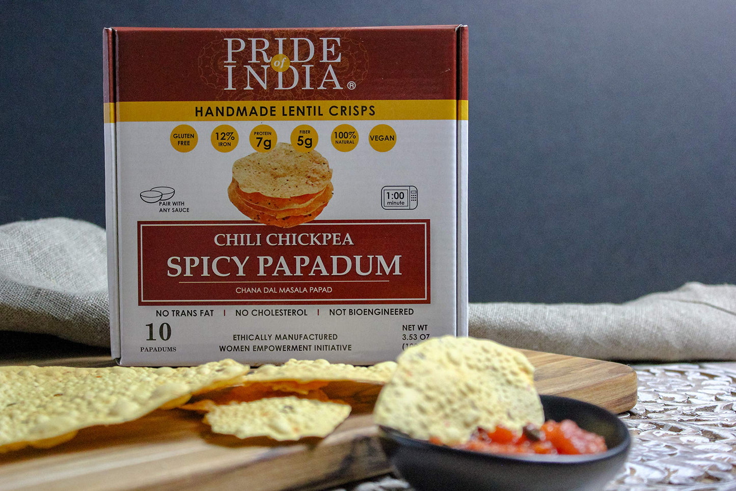 Pride Of India - Spicy Chickpea Masala Papadum Lentil Crisp, 10 count (3.53oz - 100gm) - Microwaveable Instant Chips, Gluten-Fre