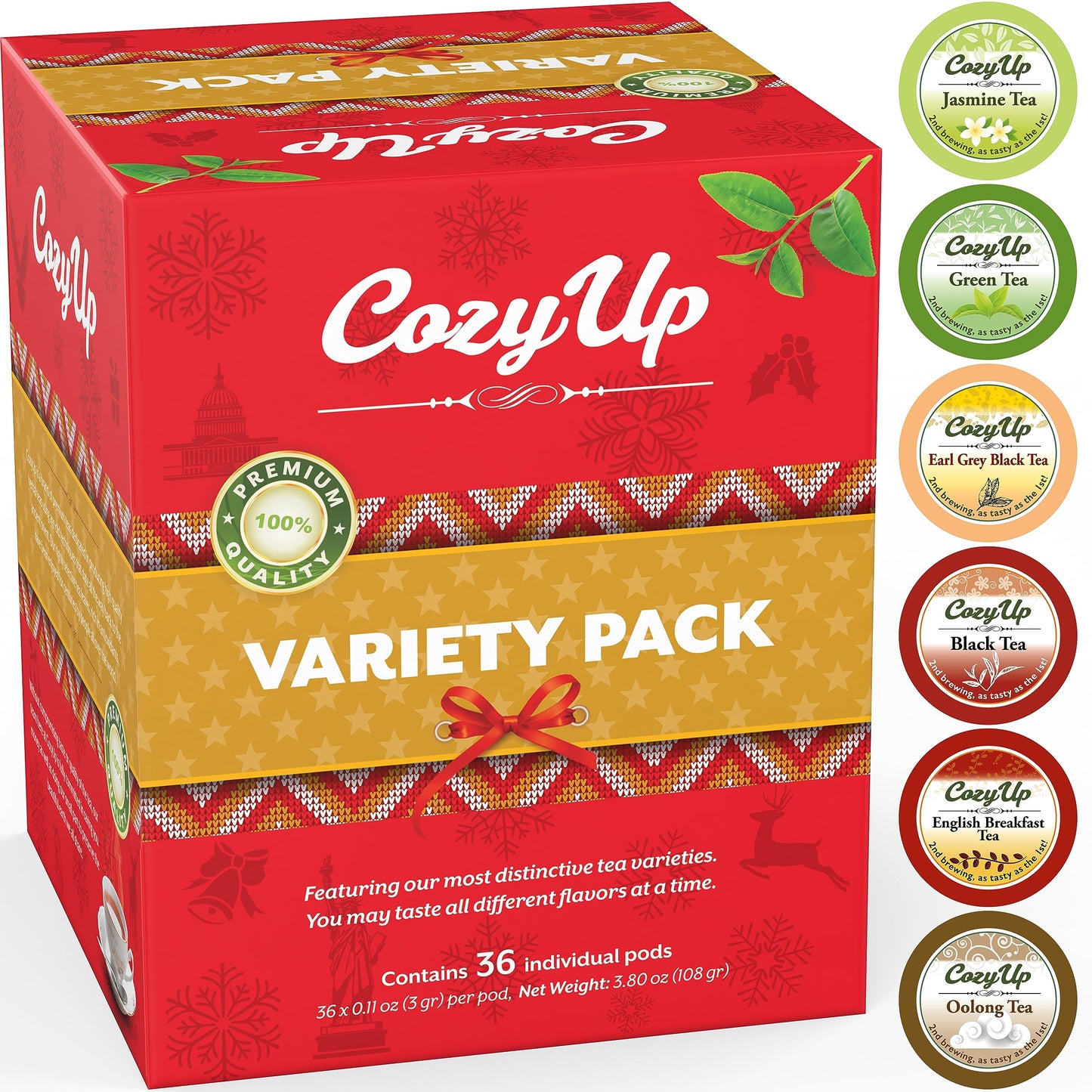 Cozy Up | 6 Flavors | Variety Tea Sampler Pack | Compatible With Keurig K-Cup Beverage Makers | Green Tea  Black Tea  Jasmine  Earl Grey  Oolong Green Tea  English Breakfast | 36-Count |