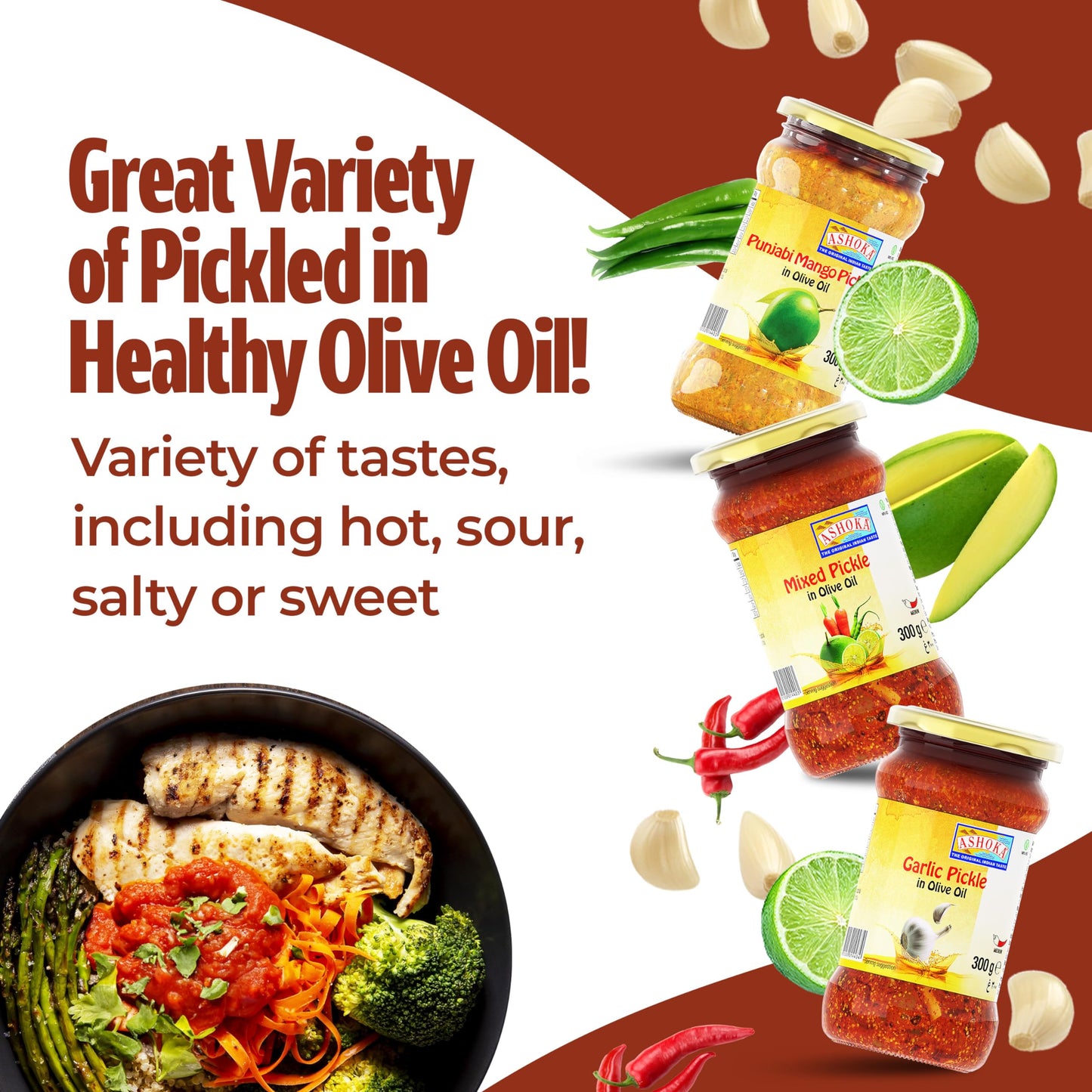 ASHOKA Green Chilis Pickle in Olive Oil, All Natural, Vegan, 300 Grams (Pack of 1)