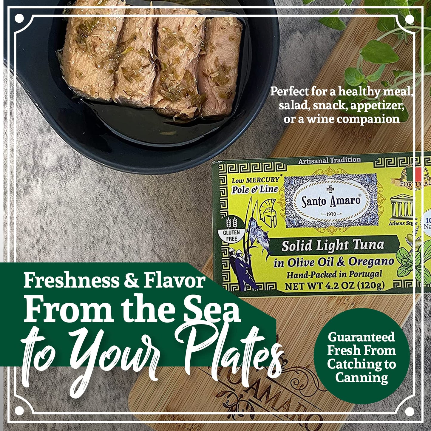 Santo Amaro Artisanal Wild Tuna Fillets in Olive Oil & Oregano, 4.2 oz (Pack of 3), Pole & Line Caught, 22g Protein, Keto