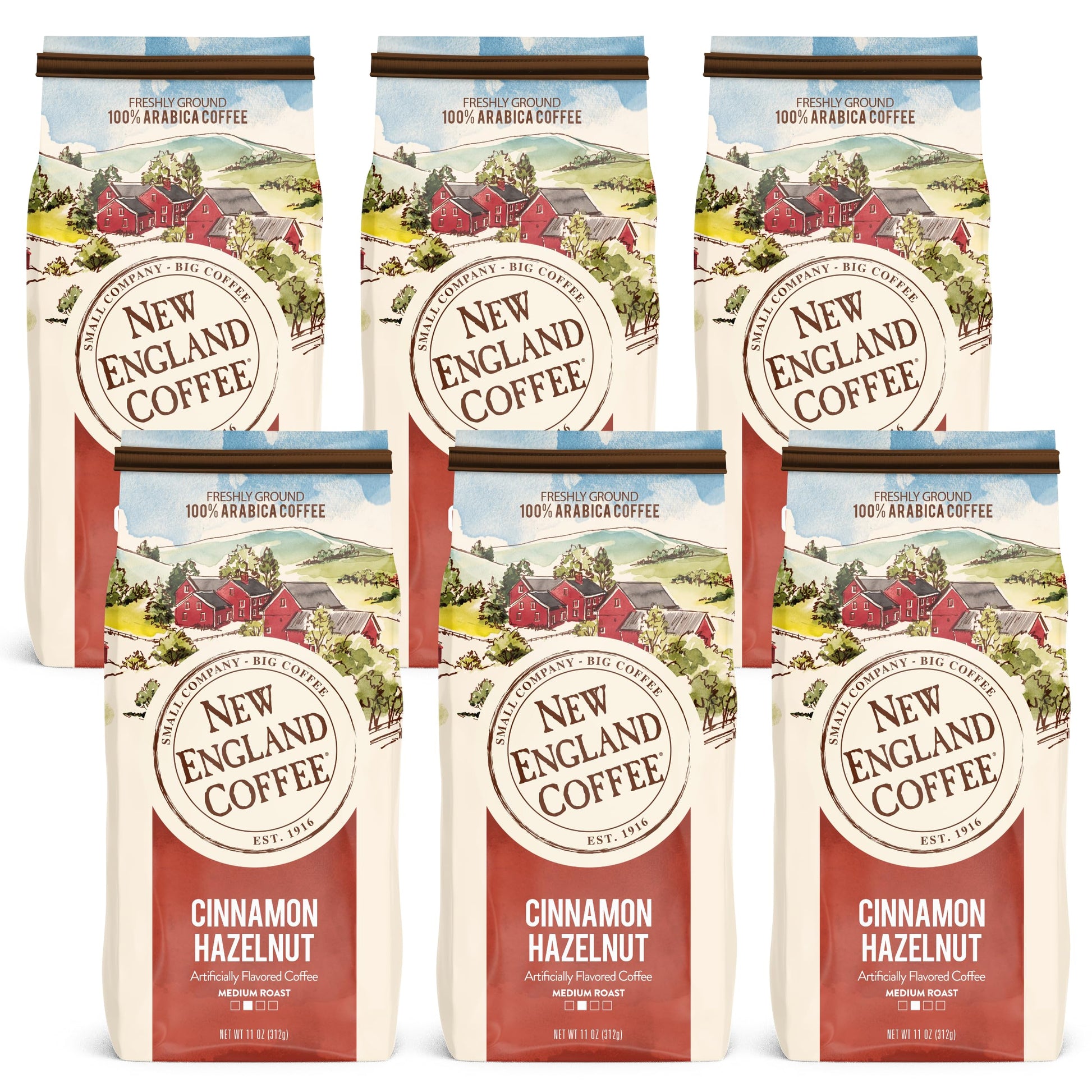 New England Coffee Cinnamon Hazelnut Medium Roast Ground Coffee, 11Oz Bag (Pack Of 6)