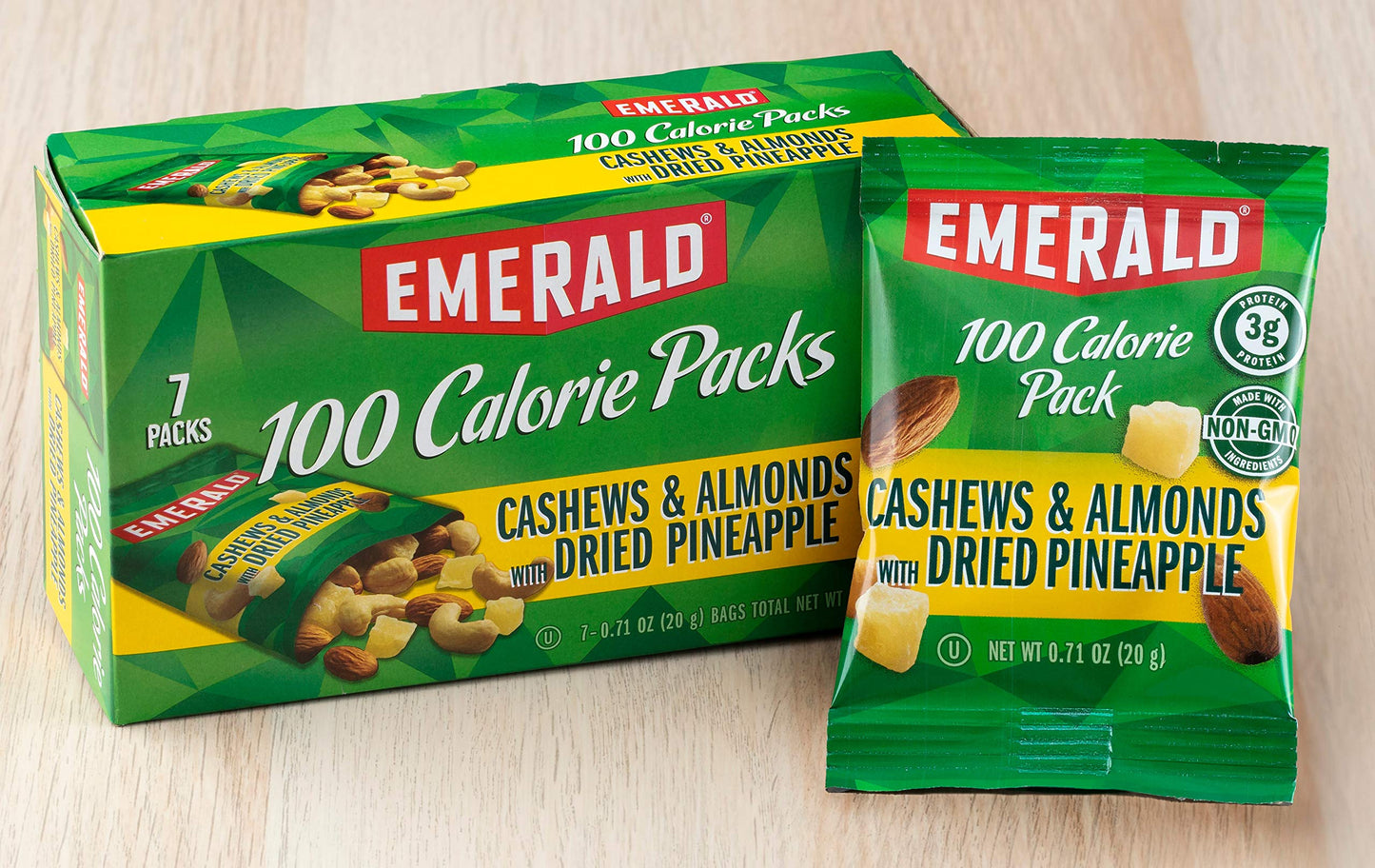 Emerald Nuts Cashews And Almonds With Dried Pineapple 7 Ct (1-Pack), 100-Calorie Individual Packs Of Mixed Nut Blend And Dried Fruit