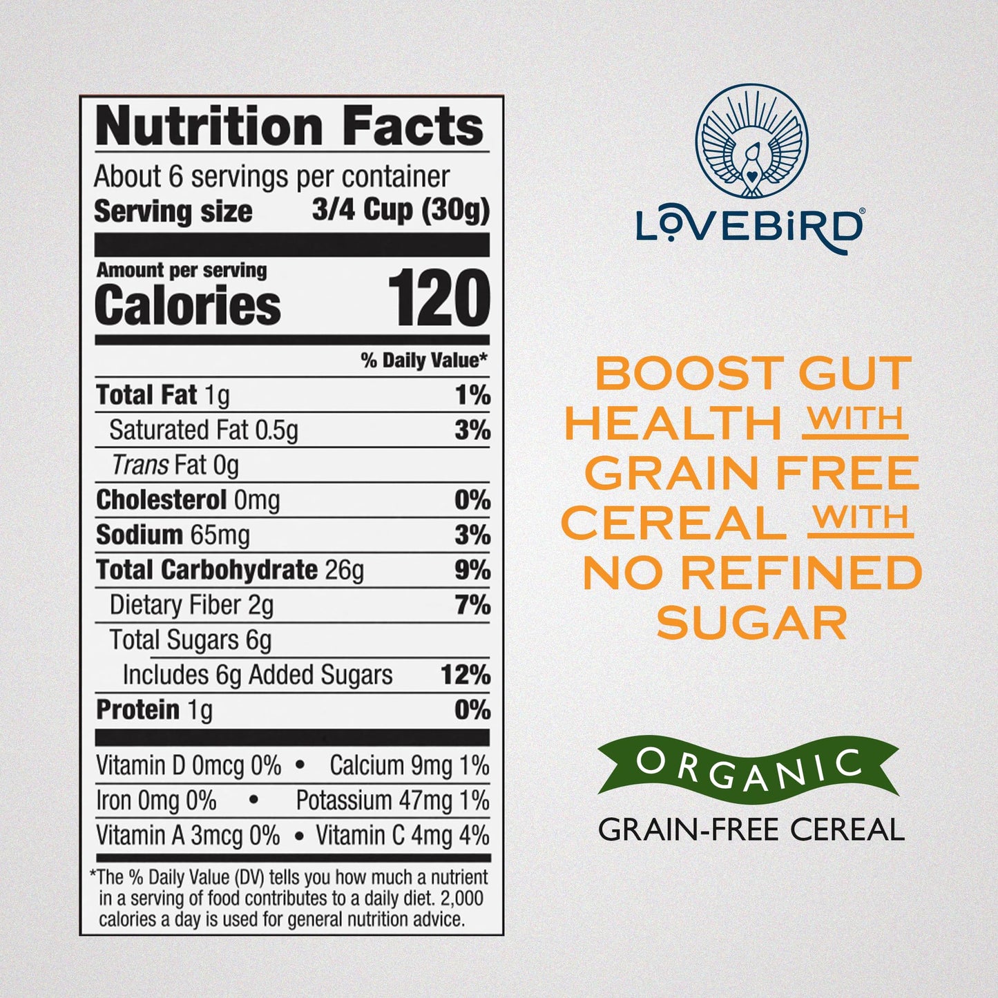 Lovebird Organic Gluten Free Cereal, Honey Flavor - Prebiotic Fiber, Gut Health, Low Sugar, Grain Free, Breakfast or Snack - Hea