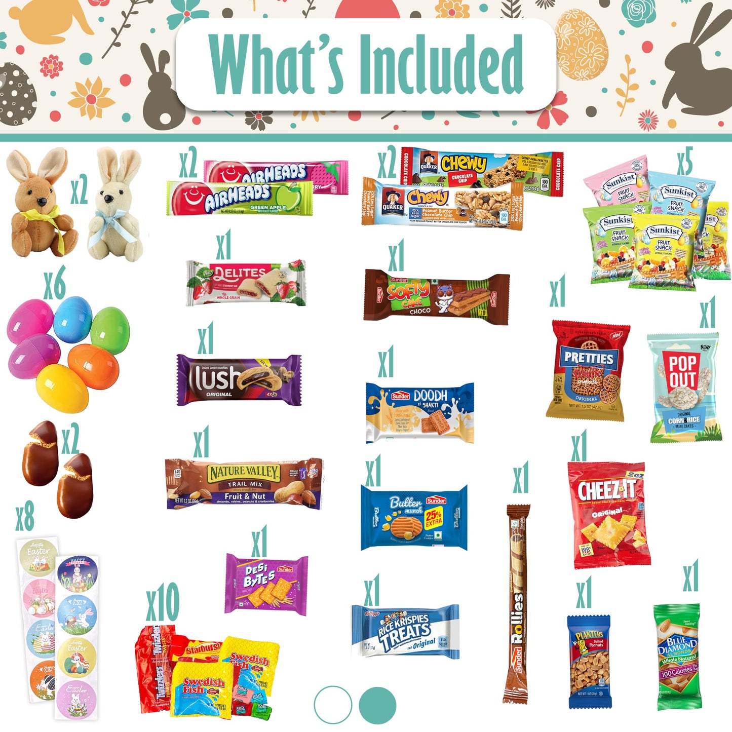 Easter Brown Oval Willow Basket (70 Ct) Filled With Treats, Snacks, Candy, Peelable Gummies, Marshmallow Gummies, Bunny And More