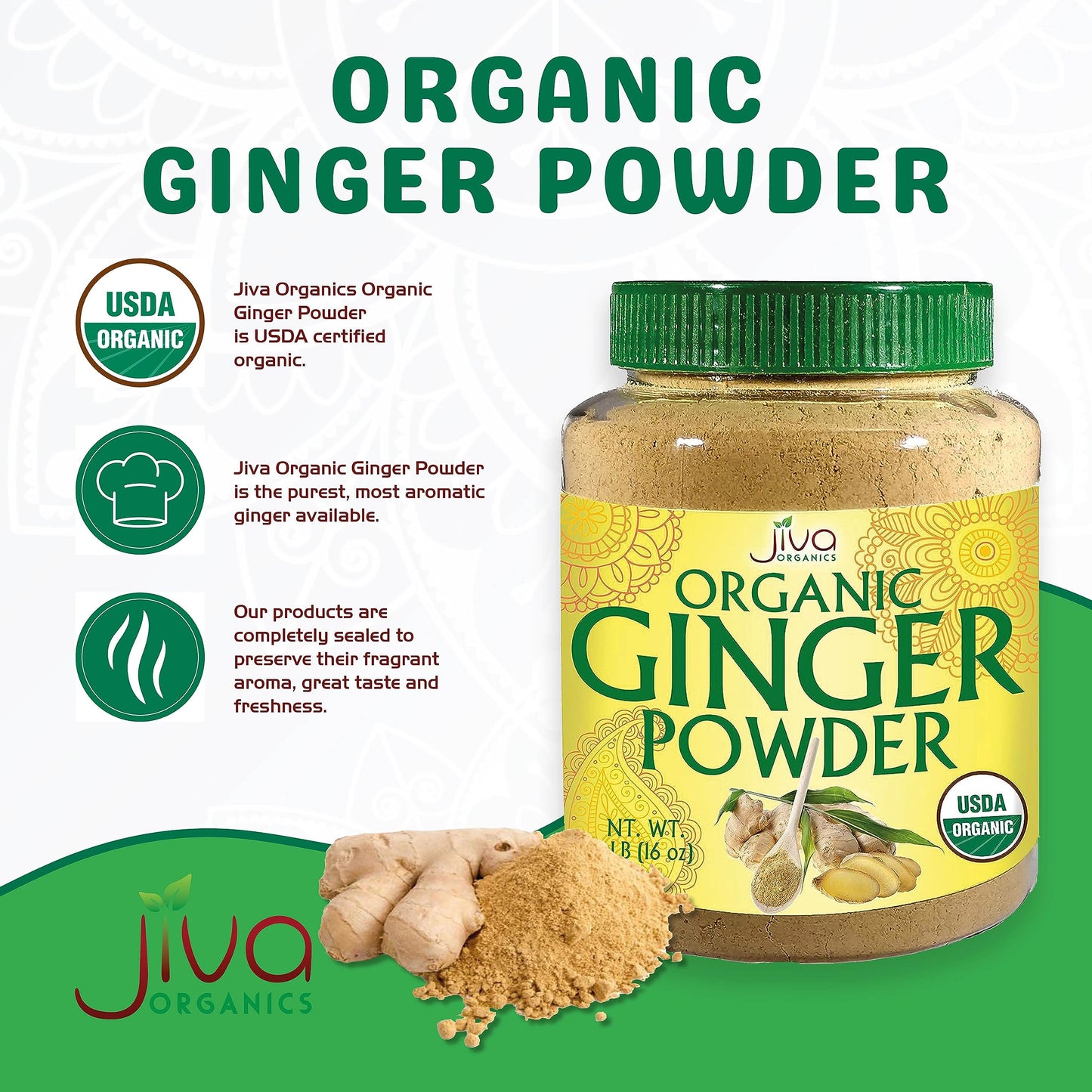 Jiva Organics Organic Ginger Root Powder, 1 LB Bulk - Non-GMO - for Cooking, Baking, Tea & More