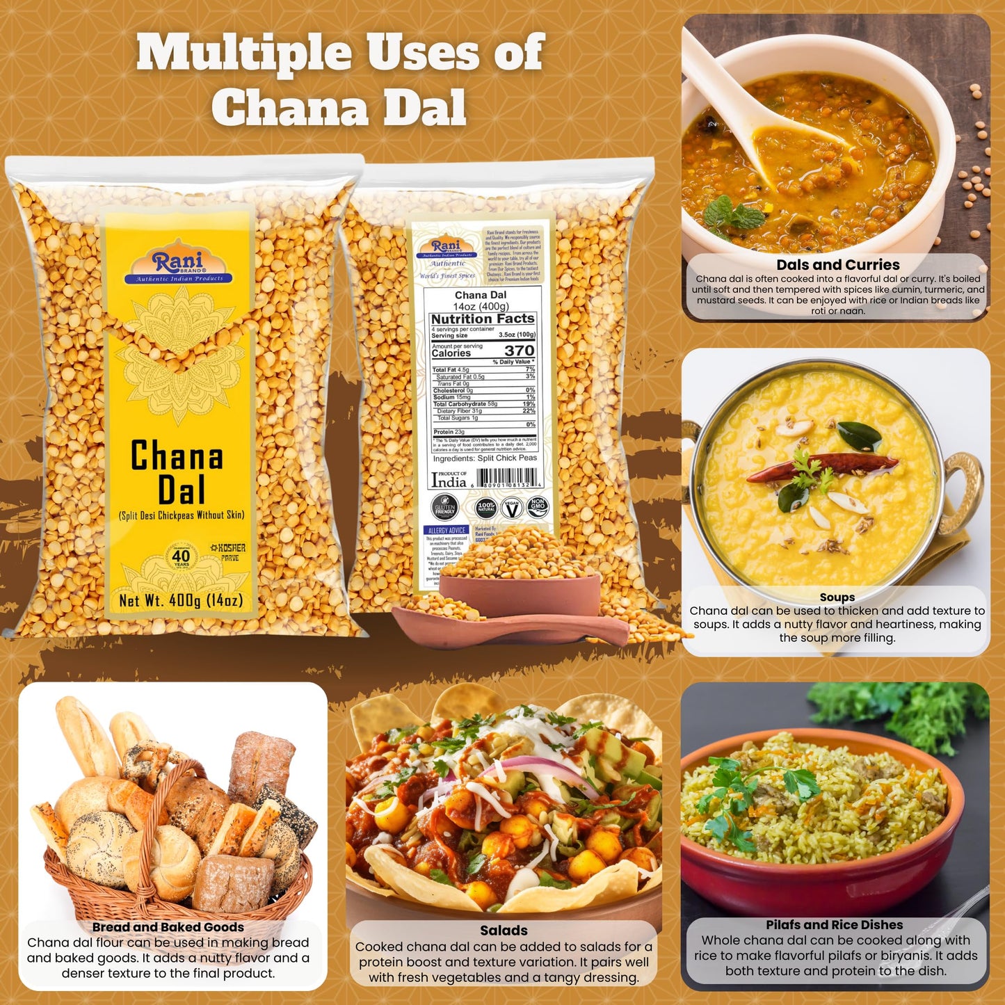 Rani Chana Dal (Split Desi Chickpeas without skin) 14oz (400g) ~ All Natural | Gluten Friendly | NON-GMO | Kosher | Vegan | Indi