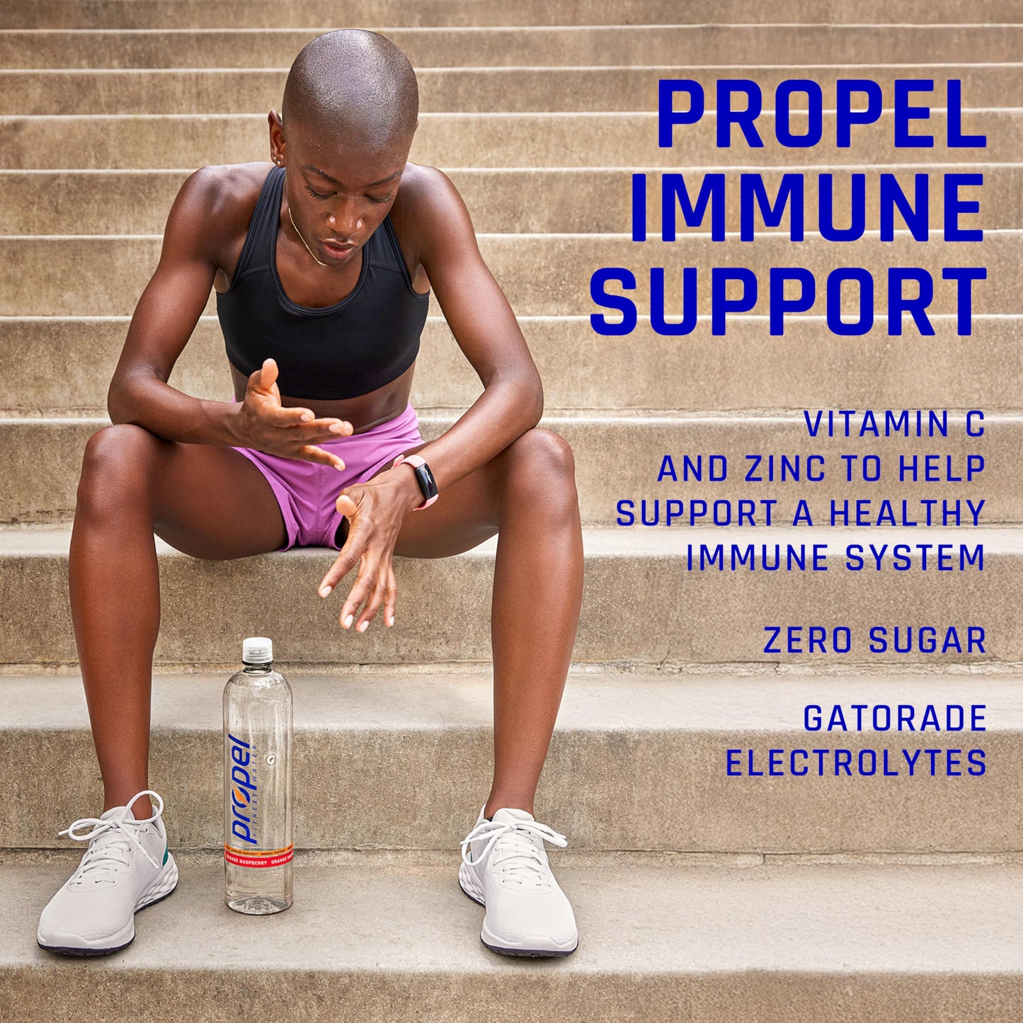 Propel Immune Support Electrolyte Enhanced Water Sports Drink, Orange Raspberry Flavored Water, 100% DV Vitamin C + Zinc, Zero C