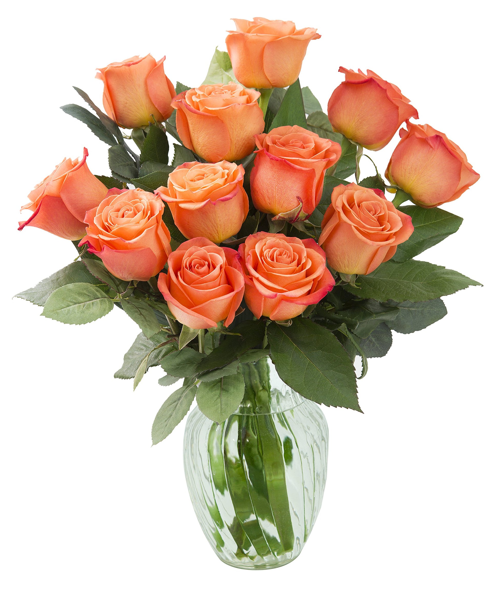 KaBloom 12 Orange Roses Bouquet with Vase - Gift for Birthday, Sympathy, Anniversary, Get Well, Valentine - Model KADF3011-V121-A999