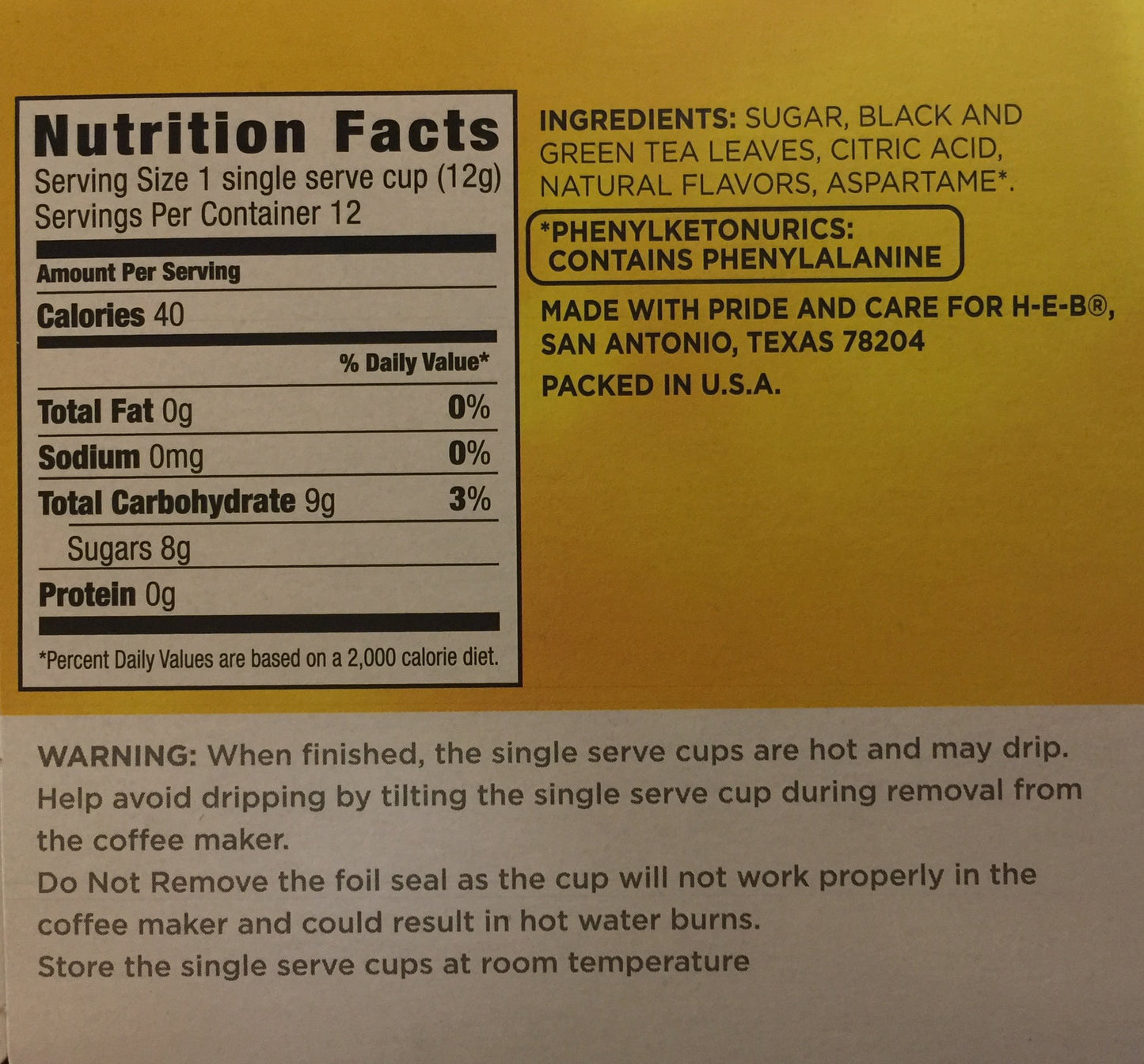 HEB Lemon Iced Tea, 12 Single Cups, 12 Count, Refreshing Beverage