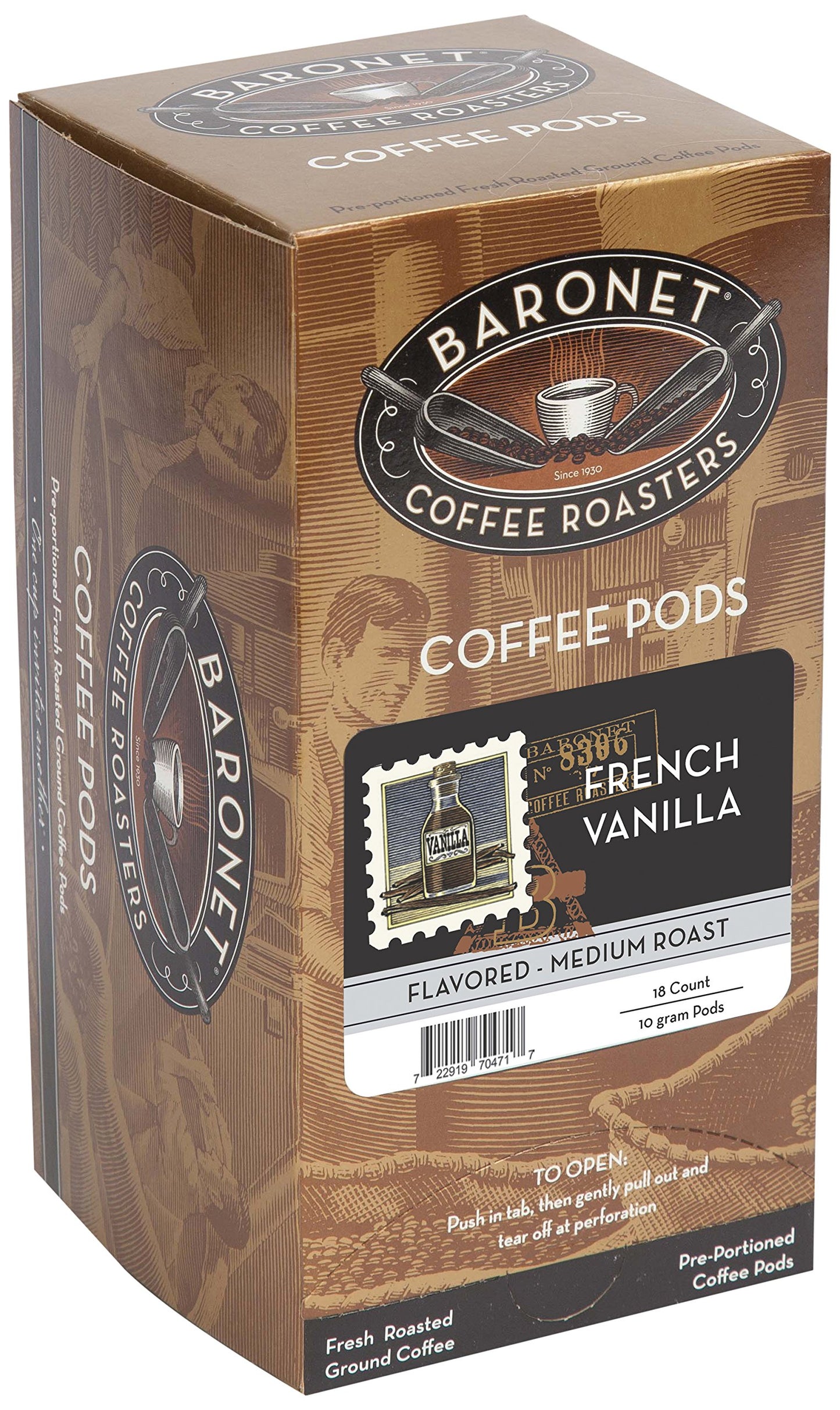 Baronet Coffee Pods Flavored Single Cup, French Vanilla, Regular Strength, Medium Roast, 54 Count