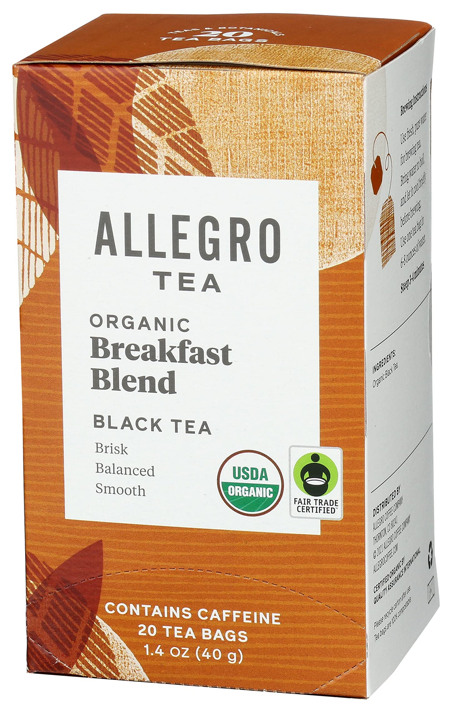 Allegro Coffee Organic Breakfast Blend Tea Bags - 20 Count Pack
