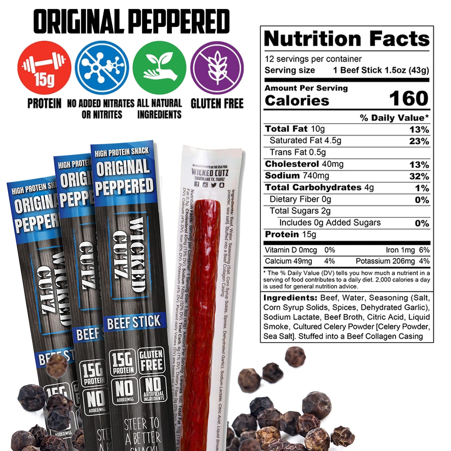 Wicked Cutz Beef Sticks Variety Pack, 15g Protein, 4 Flavors, 1.5 oz each, 48 Pack, USA Made High Protein Snacks