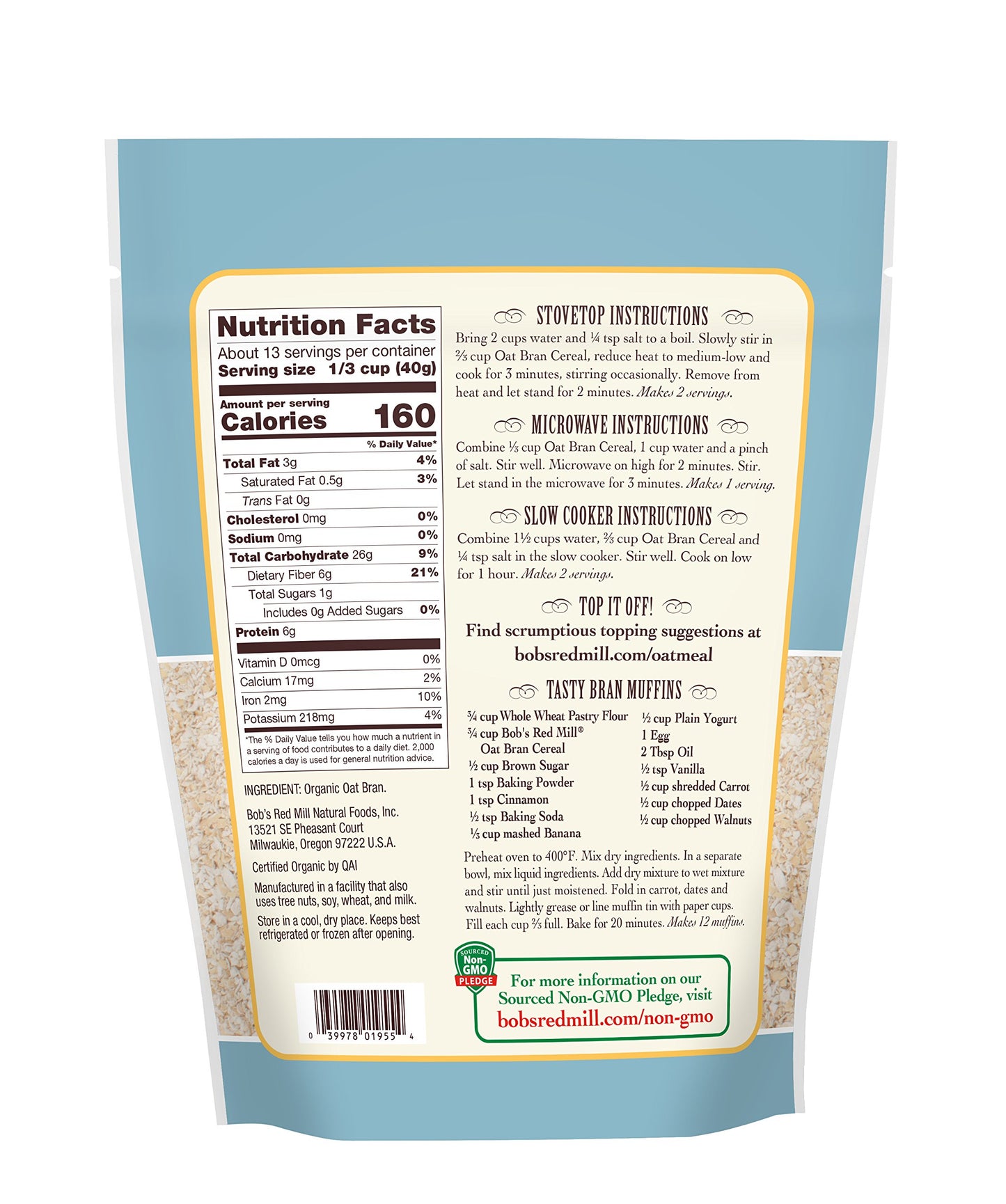 Bob's Red Mill Oat Bran Hot Cereal, Organic, High Fiber 18 oz.