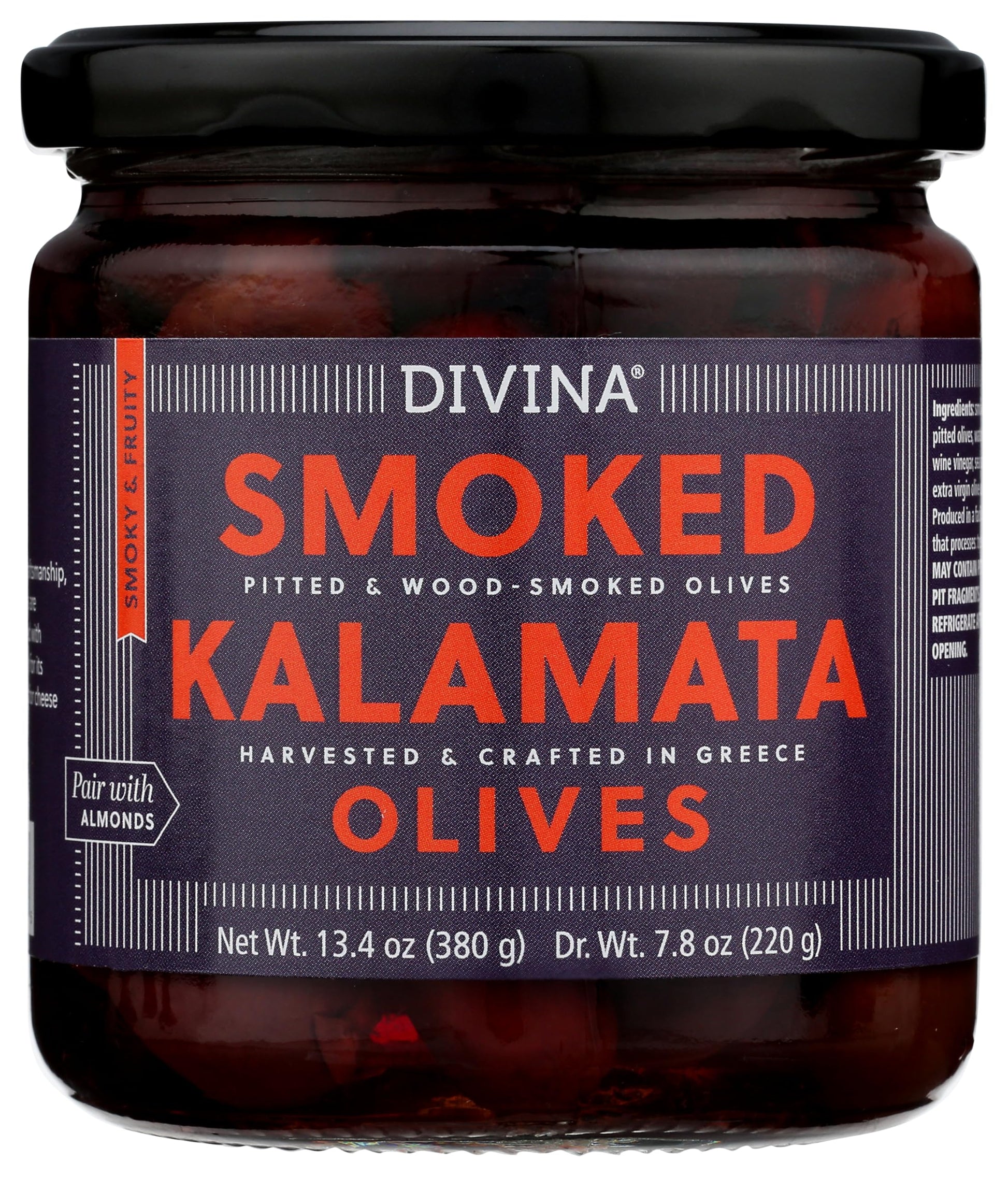 Divina Smoked Kalamata Olives, 13.4 Ounce, Pitted, Mediterranean Flavor