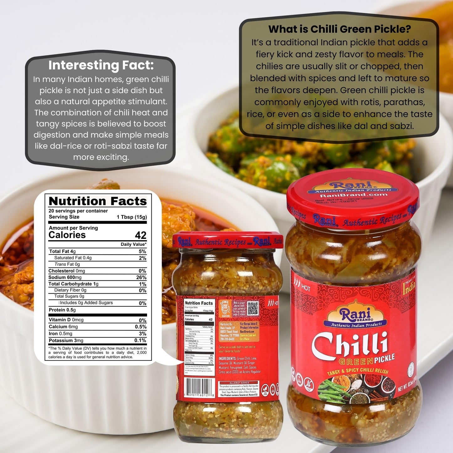 Rani Green Chilli Pickle Achar, Vegan & Gluten Free, 10.5oz (300g) Glass Jar, Spicy Indian Relish