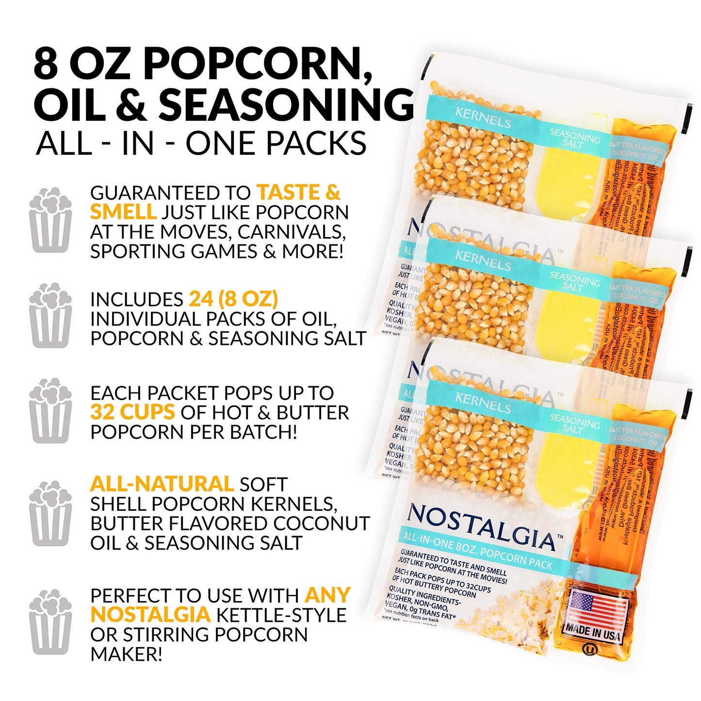 Nostalgia KPP824 Premium Popcorn Packs - 8 Ounce (24 Count) - Yellow Oil & Seasoning Salt