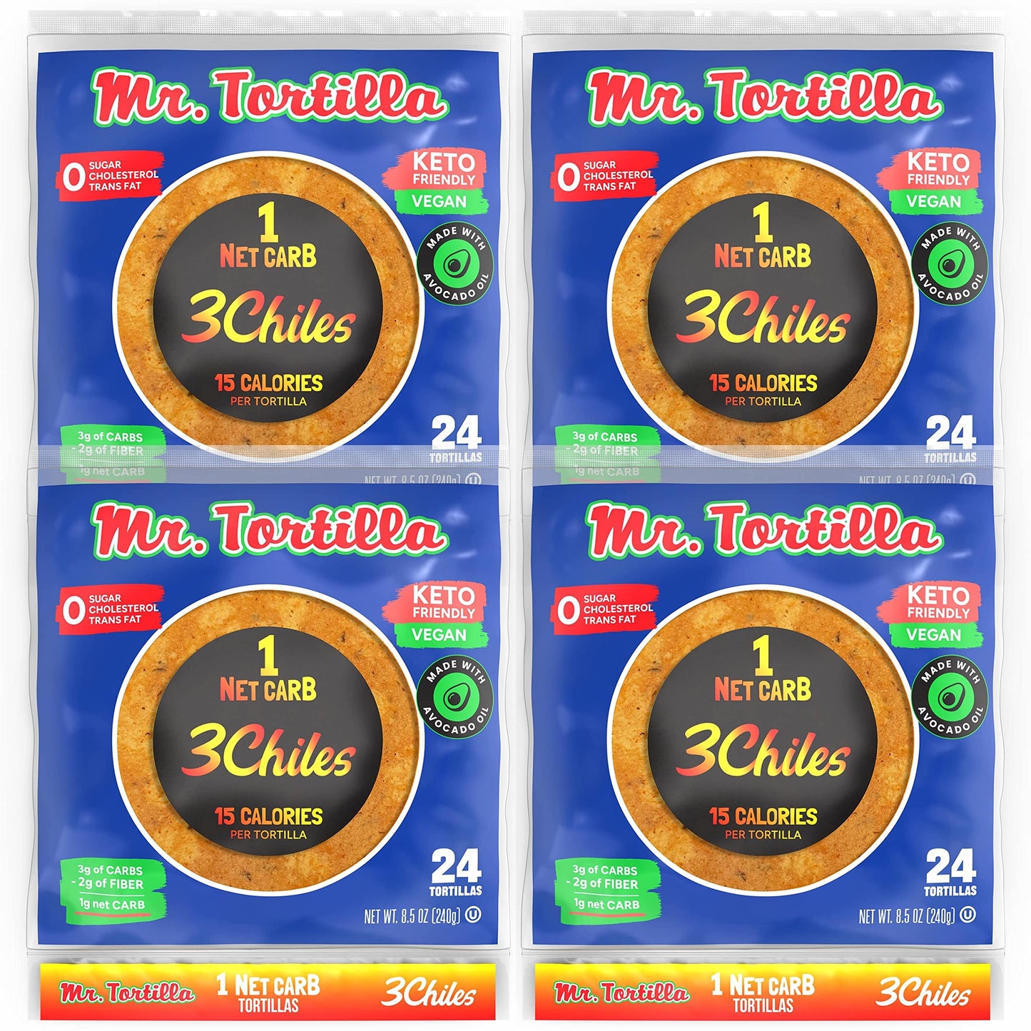 Mr. Tortilla Low Carb Tortilla Wraps - Keto Tortillas with Avocado Oil - Street Taco Size - 1 Net Carb per Serving - Low Calorie Keto Wraps - Low Carb Tortillas - (Spicy 3 Chiles  96 Count)