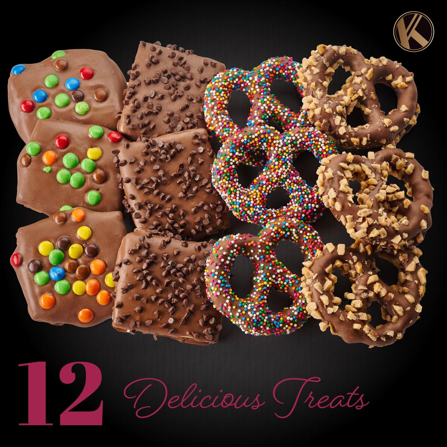 KREMERY Creamy Chocolate Cravings - Holiday Xmas Christmas Chocolate Covered Pretzel Twists & Grahams Cookies Gift Basket  in Brown Gift Box (12 Count  Assorted Sweet Toppings)
