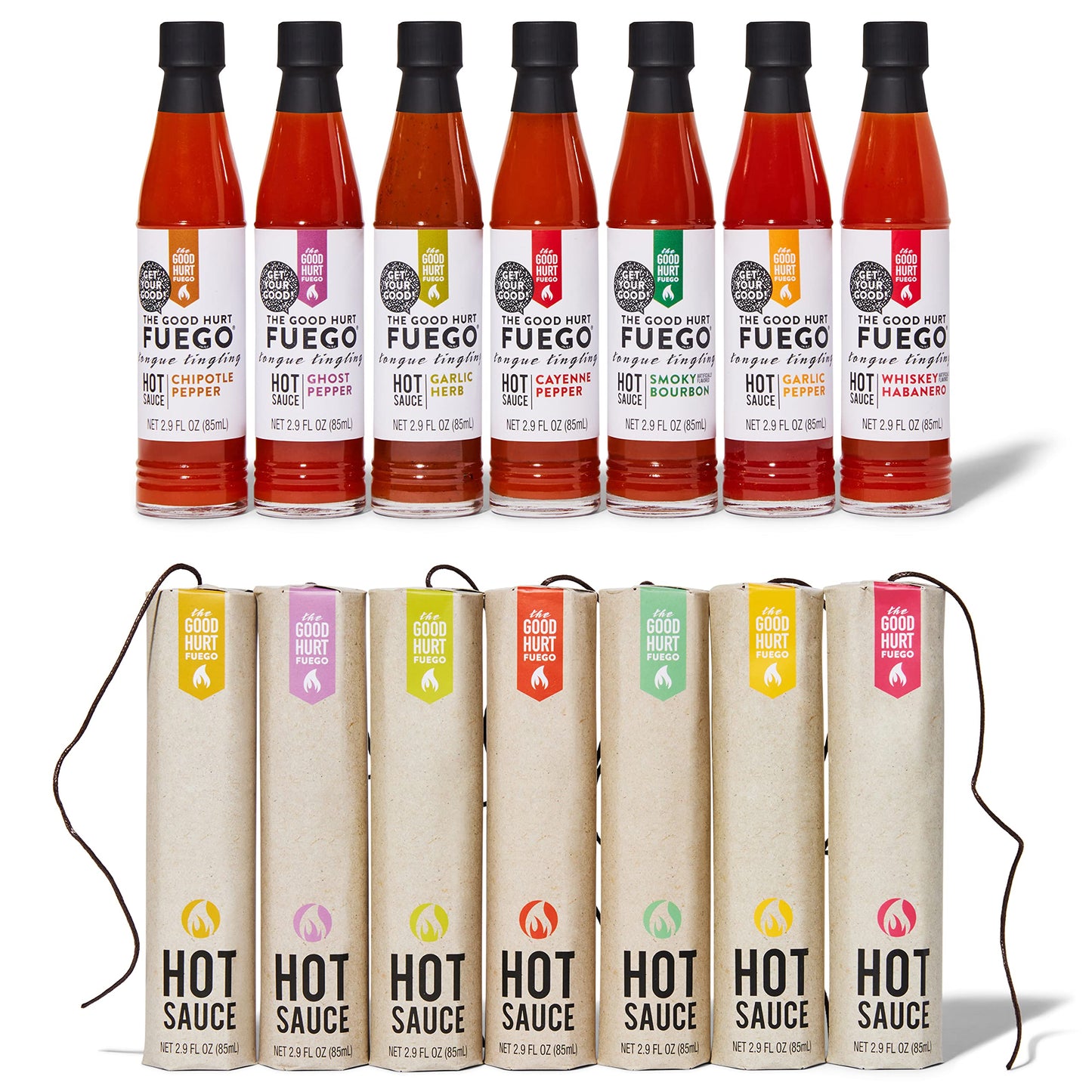 Thoughtfully Hot Sauce Gift Set - Sampler Pack of 7 Flavors, 3 Fl Oz Each, Basic Color