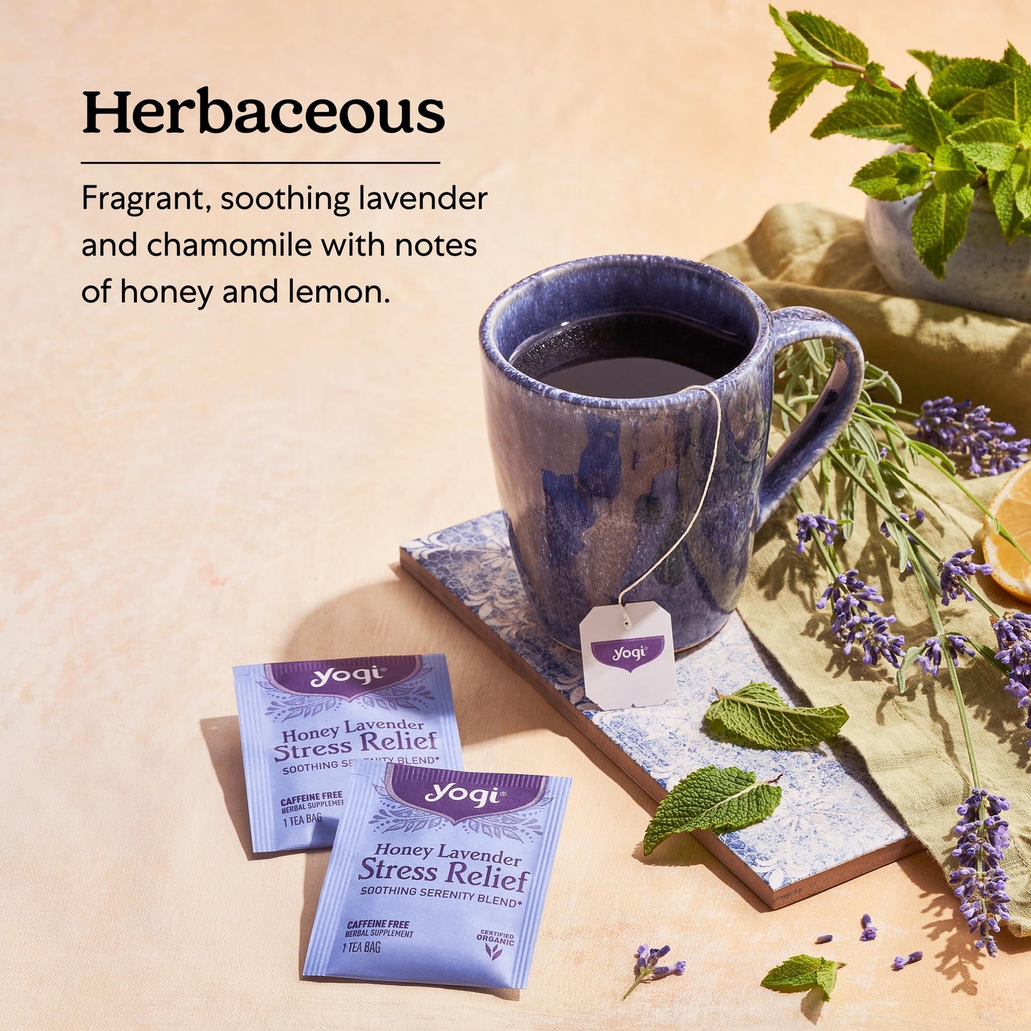 Yogi Tea Honey Lavender Stress Relief - Organic Chamomile Tea - 16 Bags per Pack (4 Packs) - Yellow and Blue - Model 076950204546