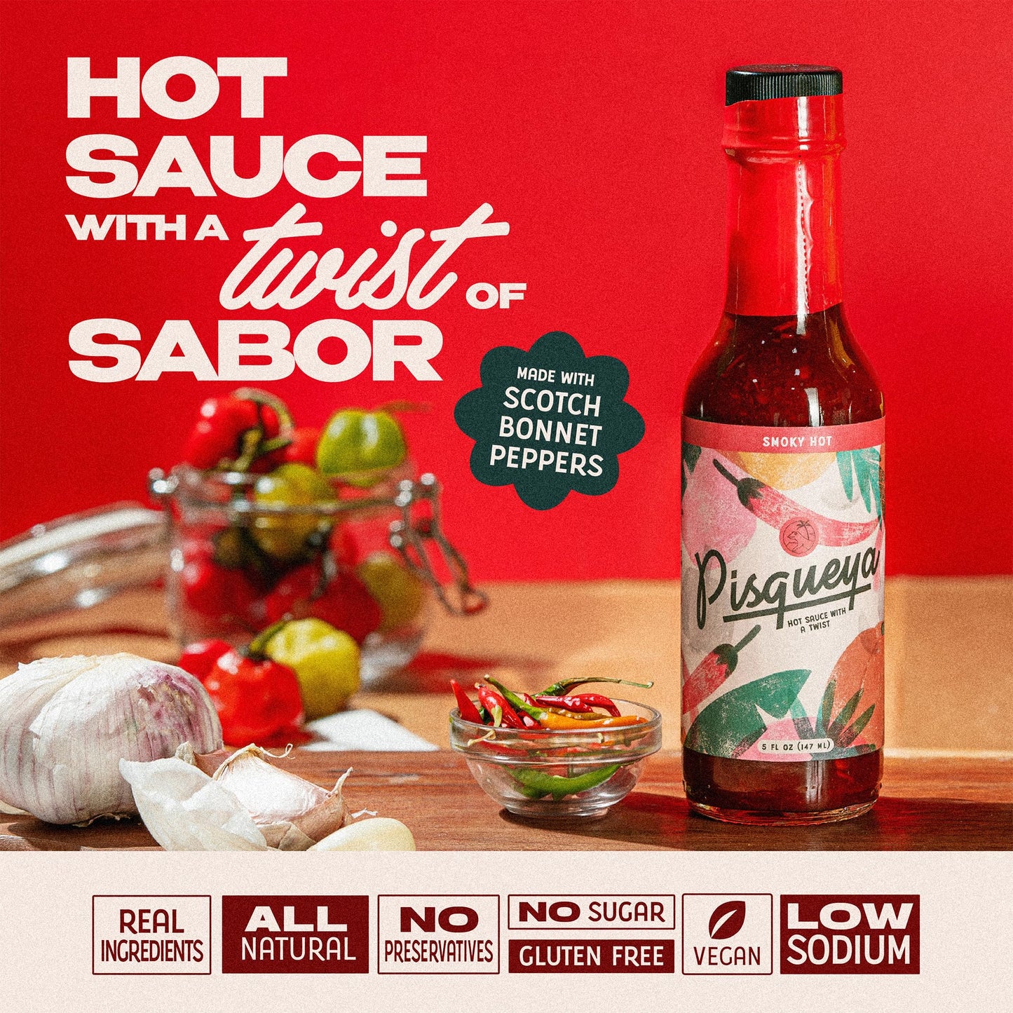 Pisqueya Hot Sauce - Gourmet Hot Sauce With Caribbean Scotch Bonnet Peppers - Plant Based, No Sugar, Low Sodium, Gluten Free - Y