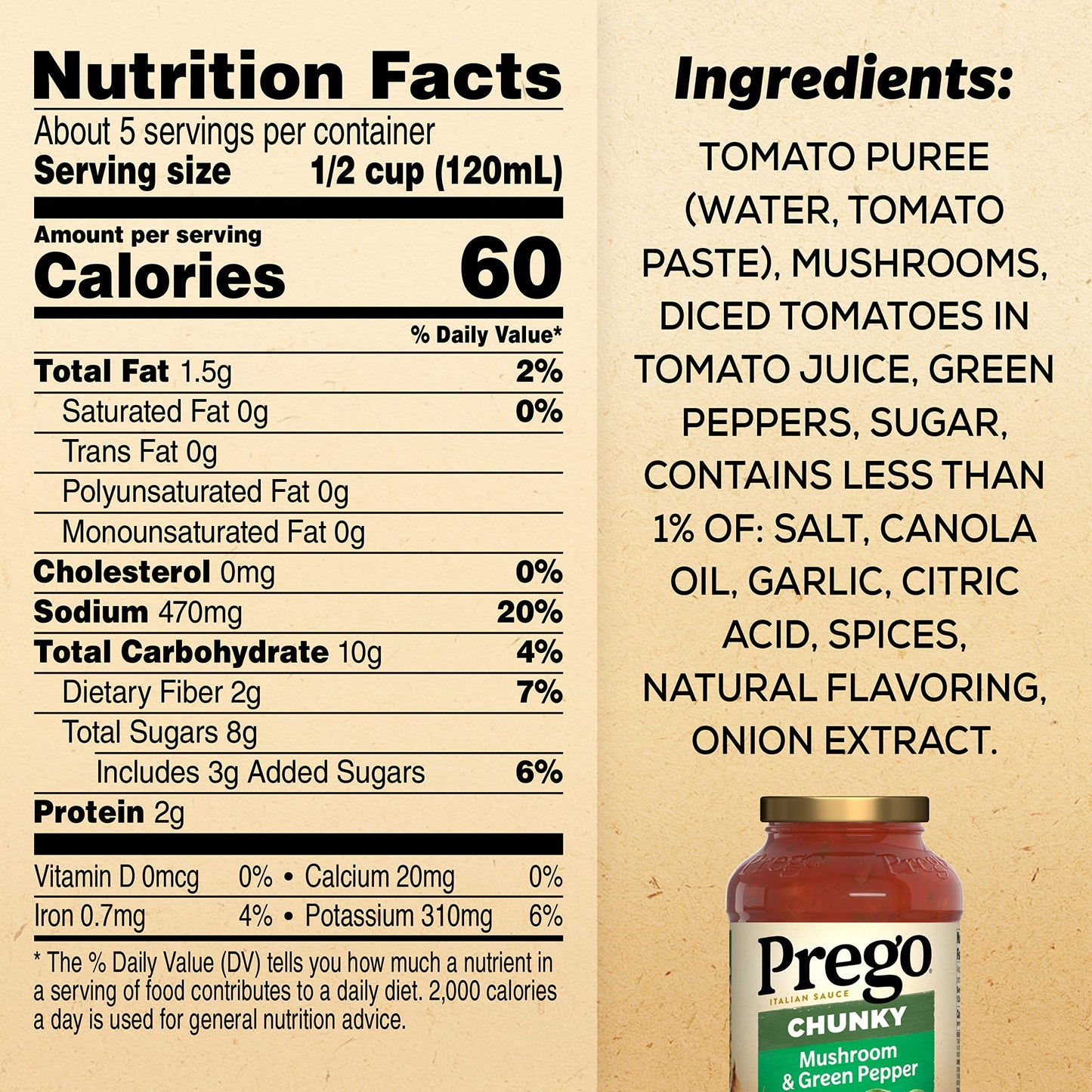 Prego Chunky Mushroom And Green Pepper Pasta Sauce, 23.75 Oz Jar
