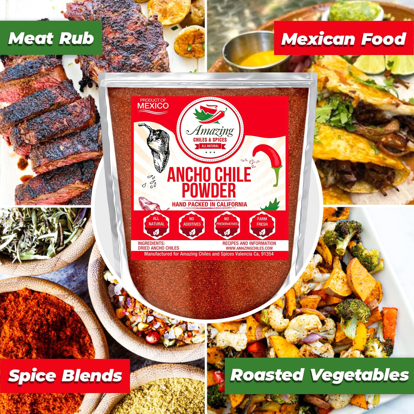 Amazing Chiles & Spices Ancho Chile Pepper Powder - Mild to Medium Heat, Sweet & Smoky Flavor, 4oz