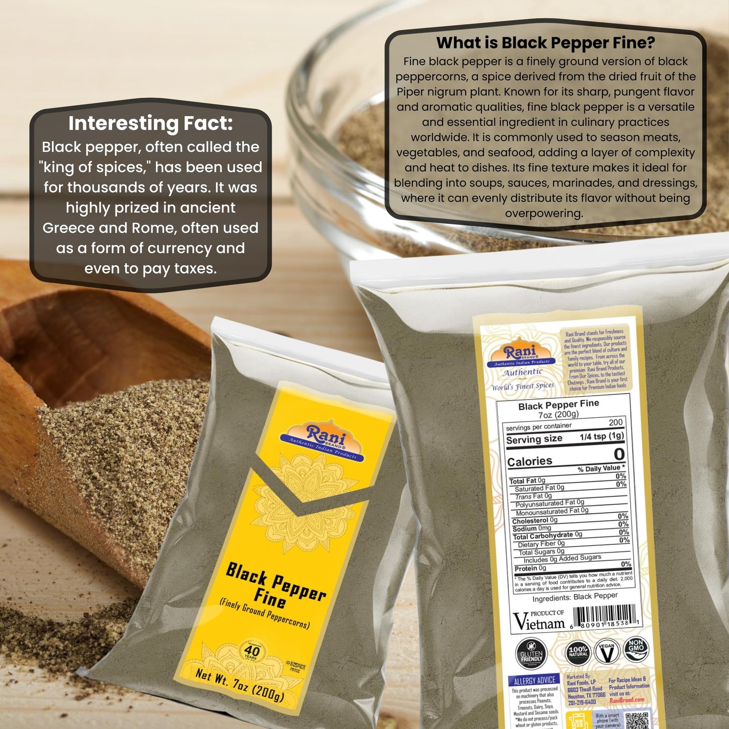 Rani Black Pepper Fine Powder 80 Mesh, All Natural, Vegan, Gluten Friendly, 7oz (200g) - Non-GMO, Kosher, Product of Vietnam