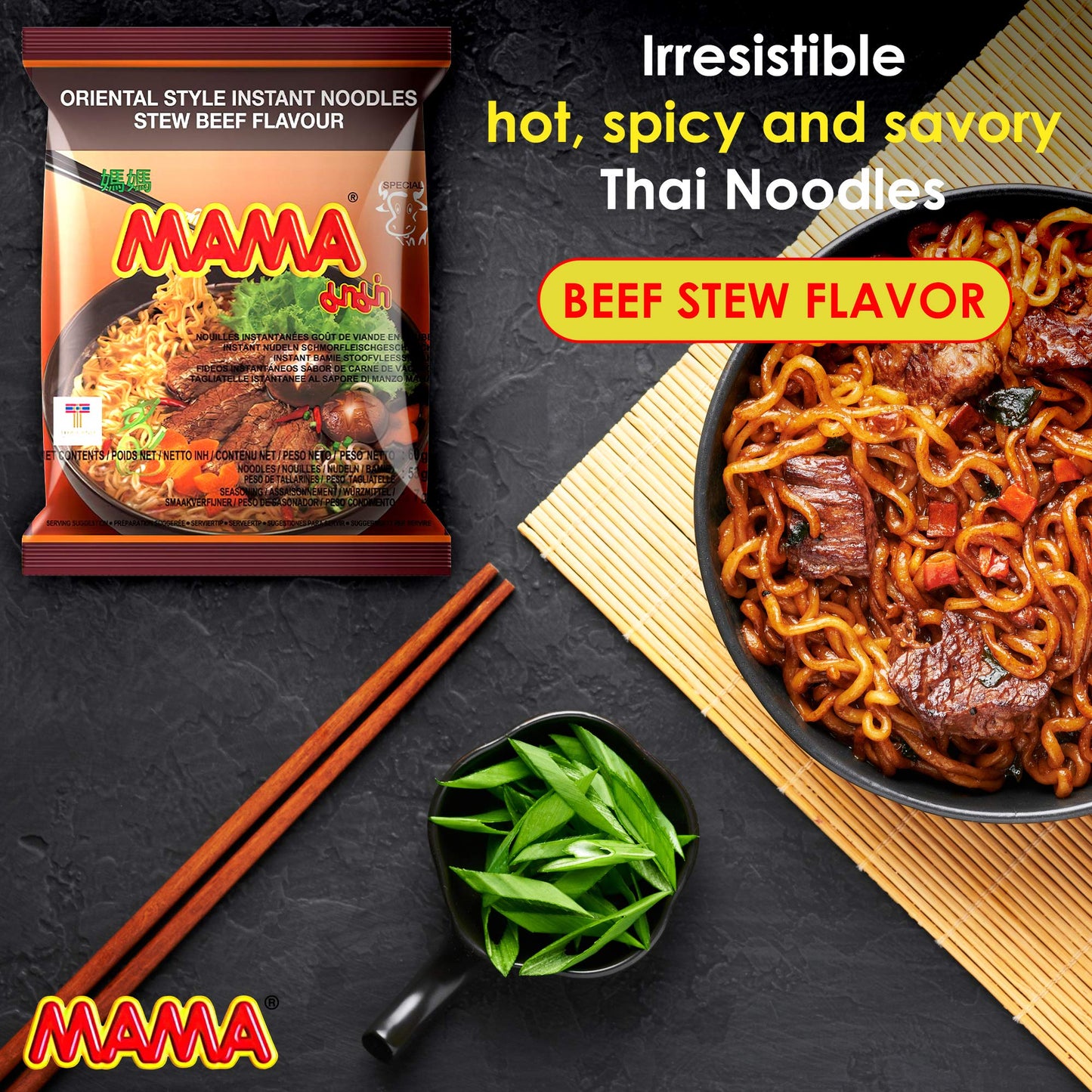 Mama Noodles Beef Stew Instant Spicy Noodles W/Delicious Thai Flavors, Hot & Spicy Noodles, No Trans Fat W/Fewer Calories Than D