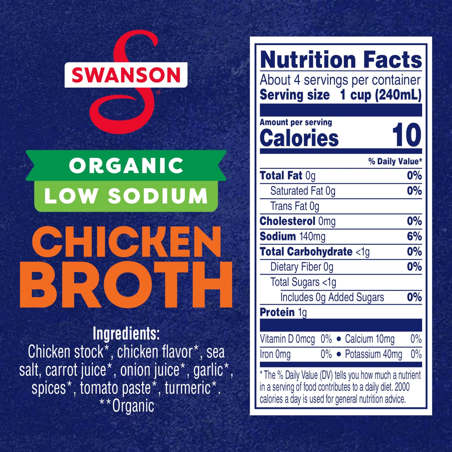 Swanson Low Sodium Organic Chicken Broth  32 oz Carton