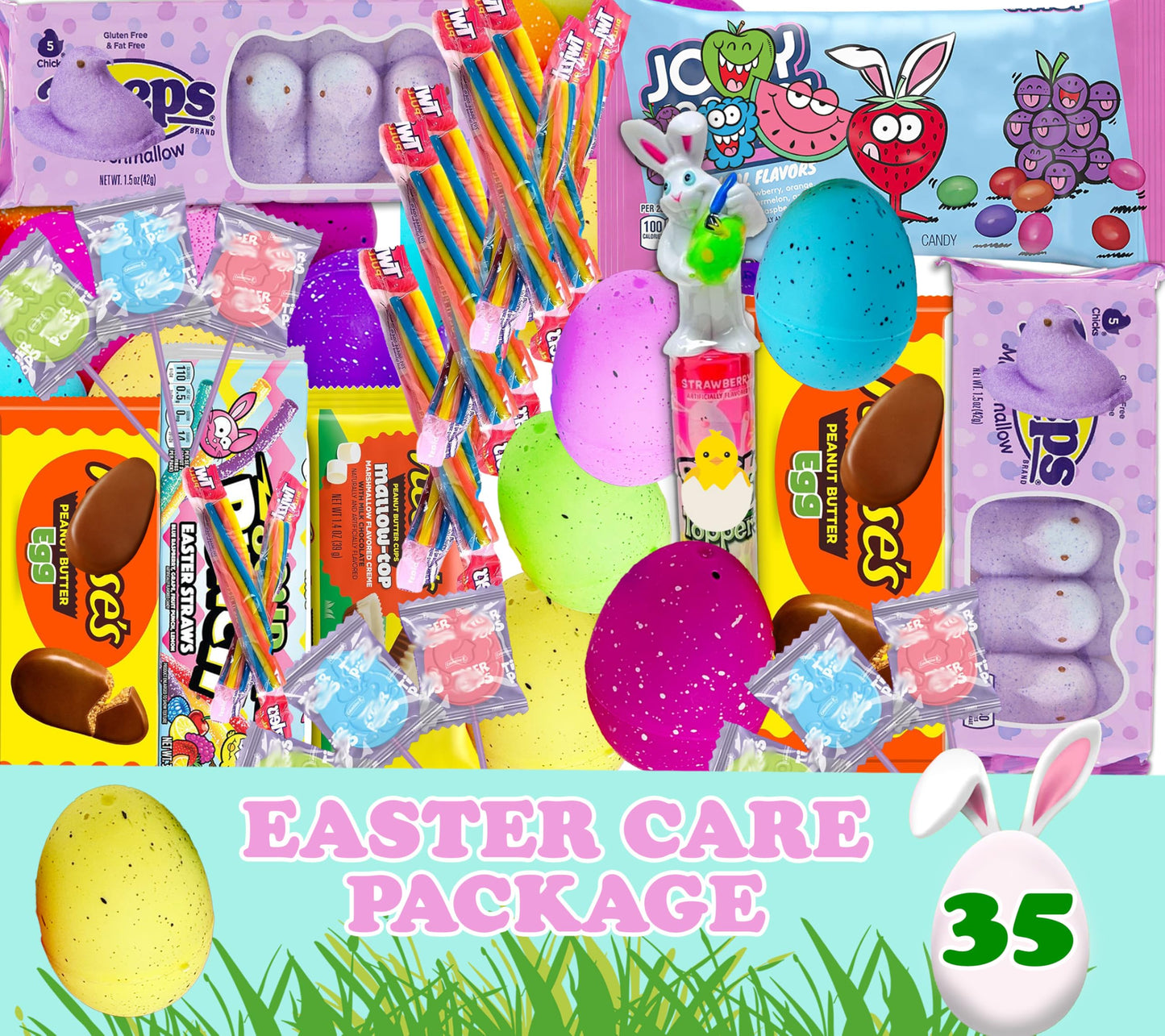 Partypom Filled Easter Baskets for Kids - 35 Count   Assortment with Candy Snacks and Chocolate - Easter Gift Food Box