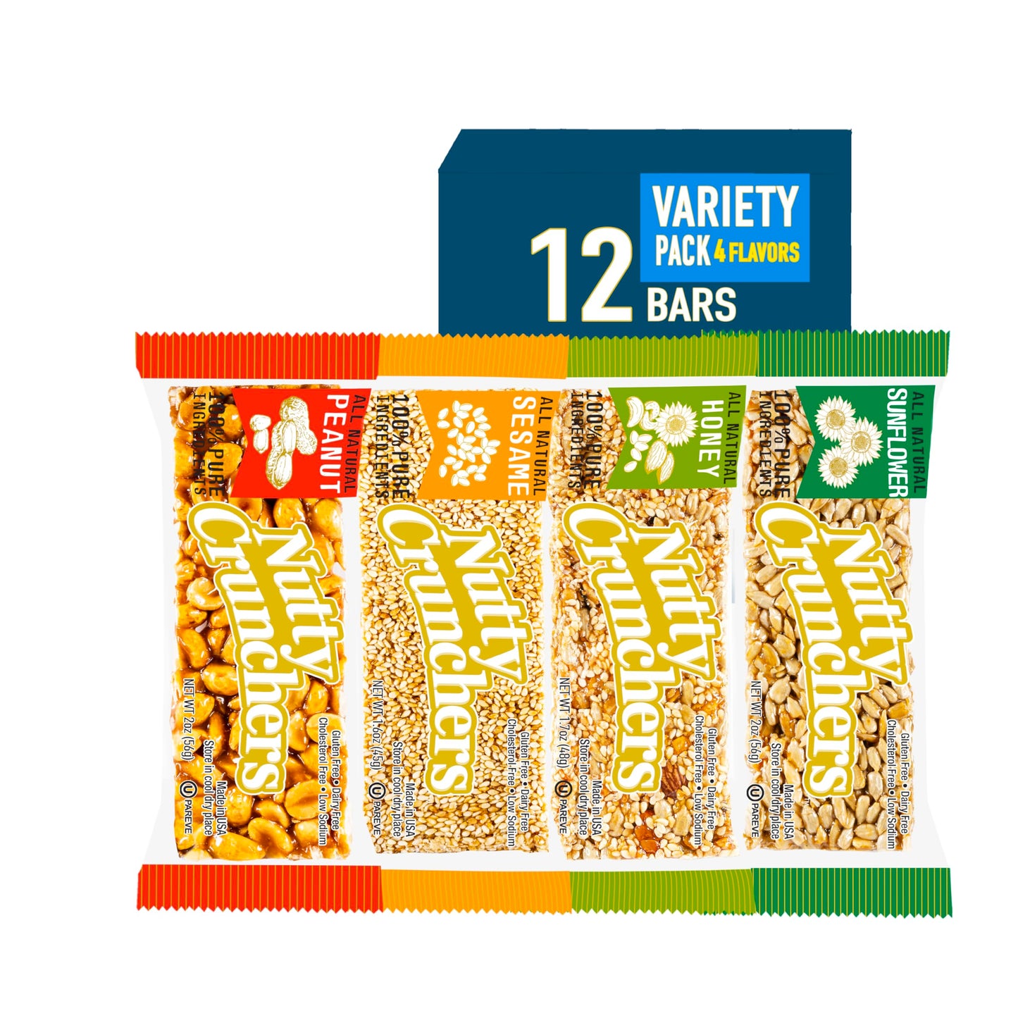 Nutty Crunchers Variety Pack - All Natural Ingredients, 12 Bars, 4 Flavors, 2.5 Ounce
