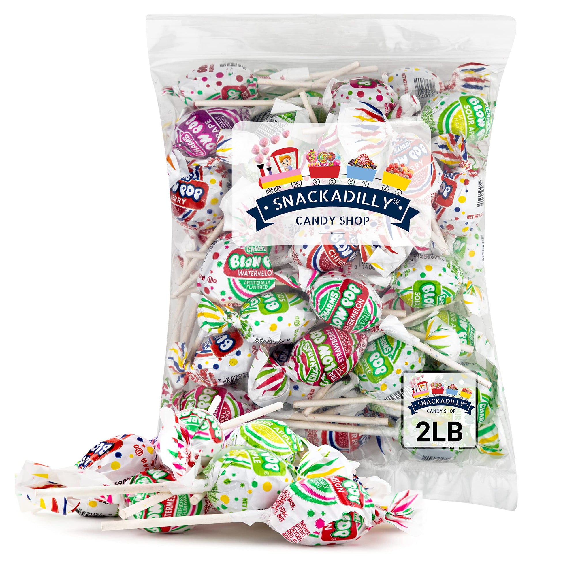 Charms Blowpops 2Lb Bulk Bubble Gum Filled Pops - Assorted Flavors - Watermelon Cherry Grape Sour Apple Strawberry