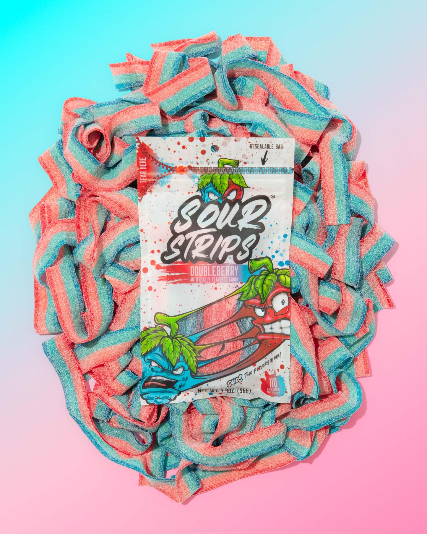 SOUR STRIPS Sour Candy Strips, Chewy Doubleberry Flavor, 3-Pack Vegetarian Candy