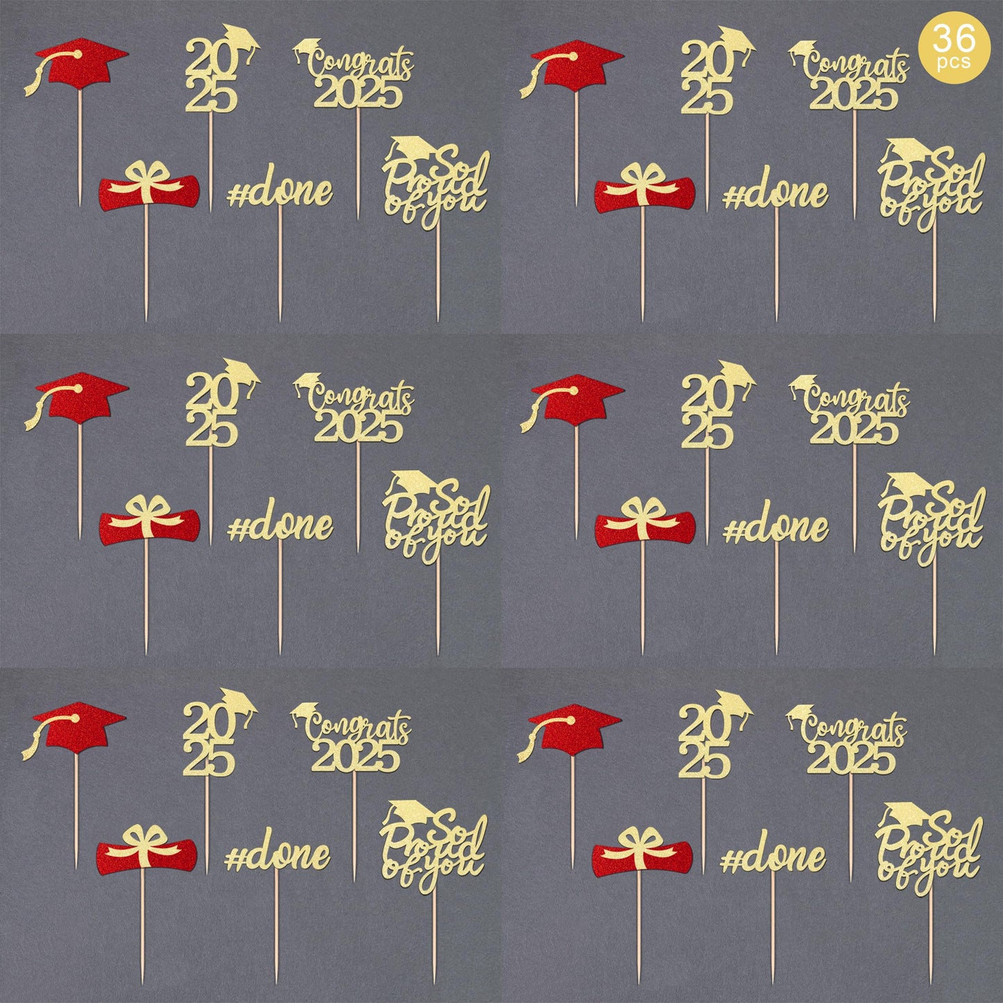 36 Pcs Class Of 2025 Graduation Cupcake Toppers, Gold & Red Glitter Double-Sided Grad Cap Cake Toppers For Party Supplies, 2025