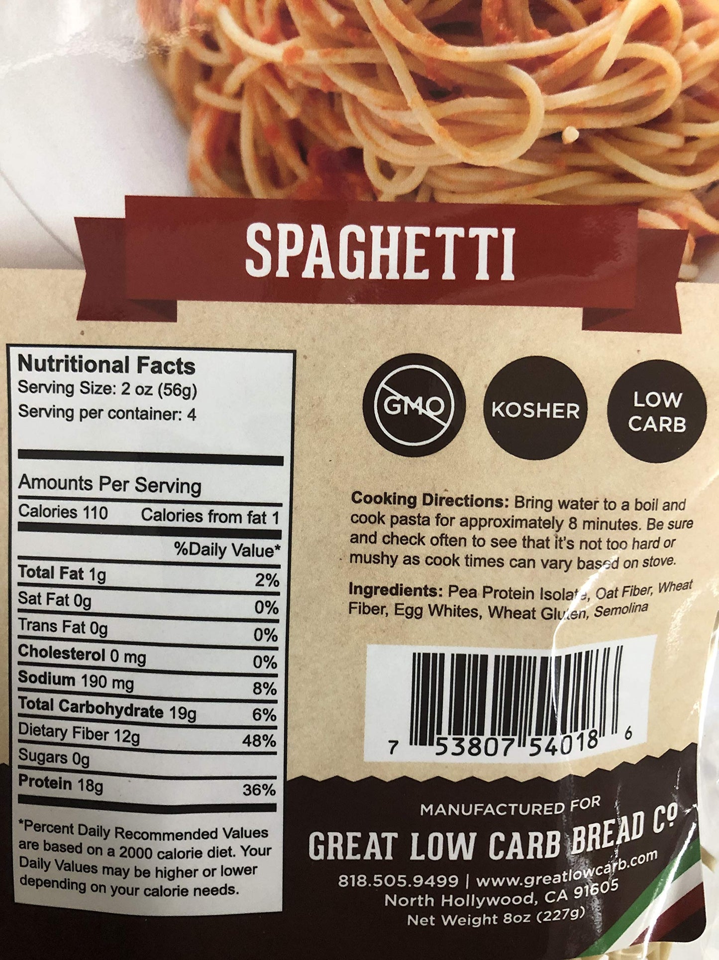 Low Carb Pasta, Keto Pasta, Great Low Carb Bread Company, Non Gmo, Spaghetti Pasta 8 Oz.