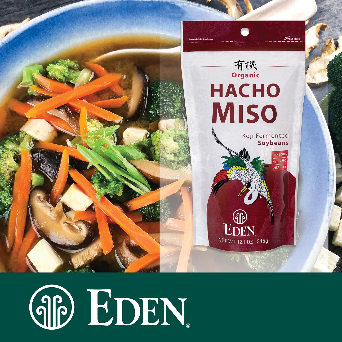 Eden Organic Hacho Miso, Traditionally Made in Japan, Soy, Koji, Rich in Umami, Dark Red, Aged 3 Years, Hatcho, 12.1 oz (Pack of