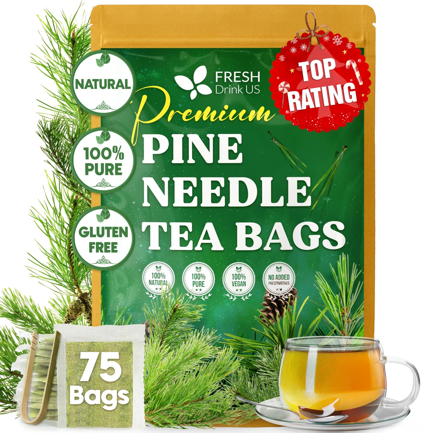 Freshdrinkus  Pine Needle Tea Bags - 75 Tea Bags  Naturally Energy Blend-Free  Refreshing Herbal Tea  Wild-Harvested Pine Leaves  Aromatic And Soothing - Non-Gmo & Eco-Friendly Packaflavor Blendg