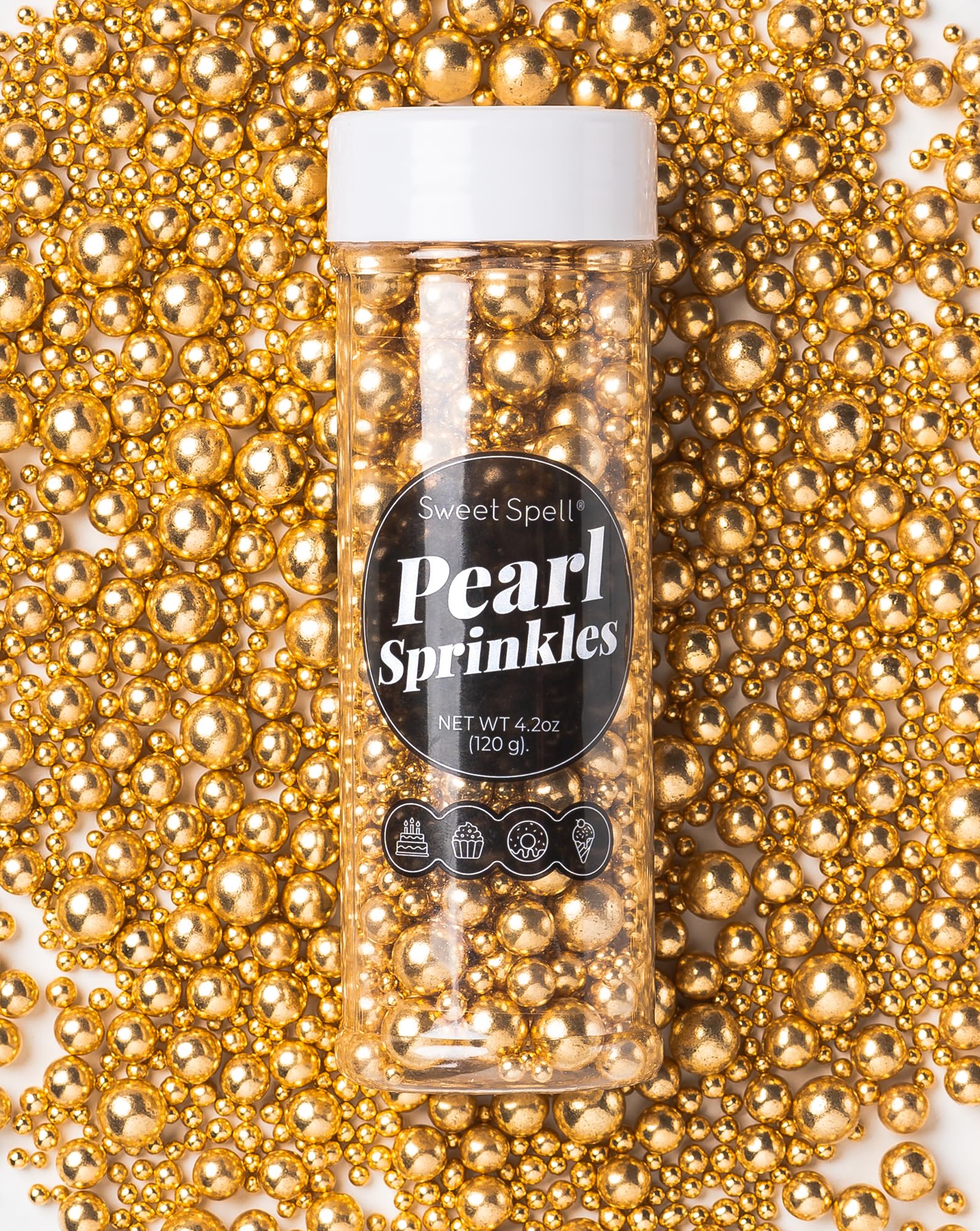 Sweet Spell Gold Pearl Sprinkles for Cake Decorating (120g/ 4.2oz) - Sugar Candy Ball Pearls for Cupcakes, Ice Cream Toppers, an