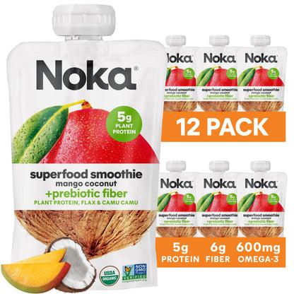 Noka Superfood Fruit Smoothie Pouches, Mango Coconut, Healthy Snacks with Flax Seed, Plant Protein and Prebiotic Fiber, Vegan an