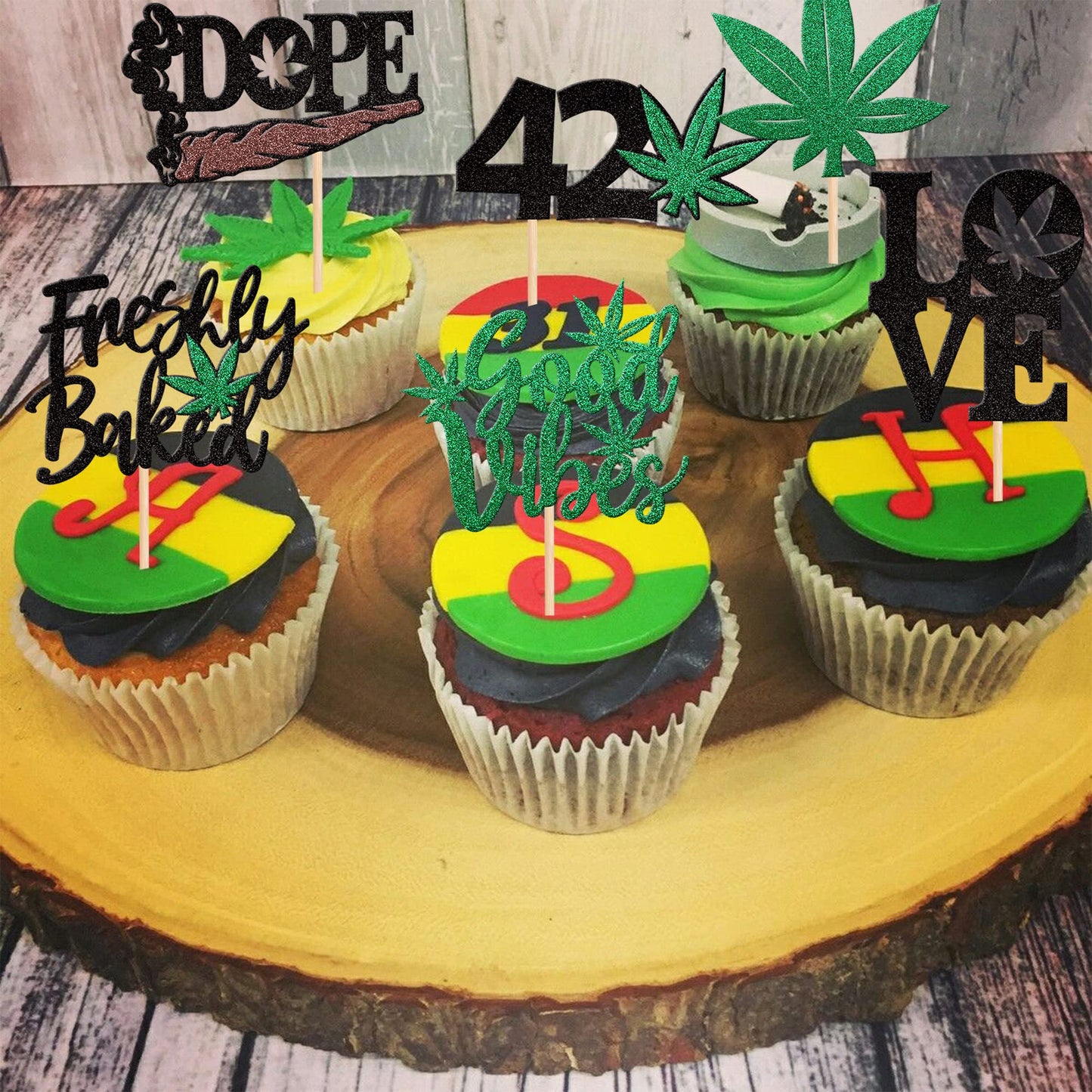 ZHUOWEISM Cupcake Toppers, 24 PCS Bamboo Glitter Leaves for Birthday Party, Design 2