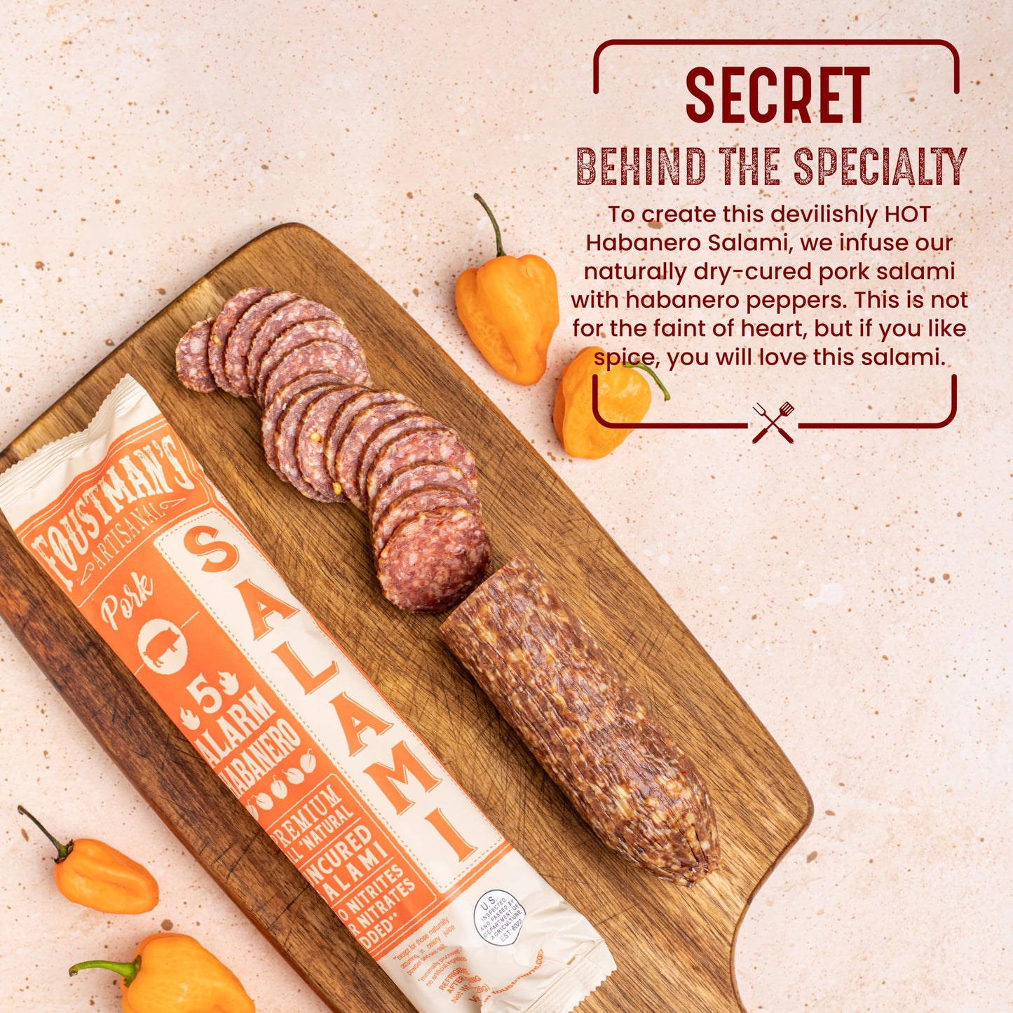 Foustman'S Salami Pork 5 Alarm Habanero Artisanal, Nitrate-Free, Naturally Cured, Gluten-Free, Dairy-Free, Pack Of 6, 8 Oz Each