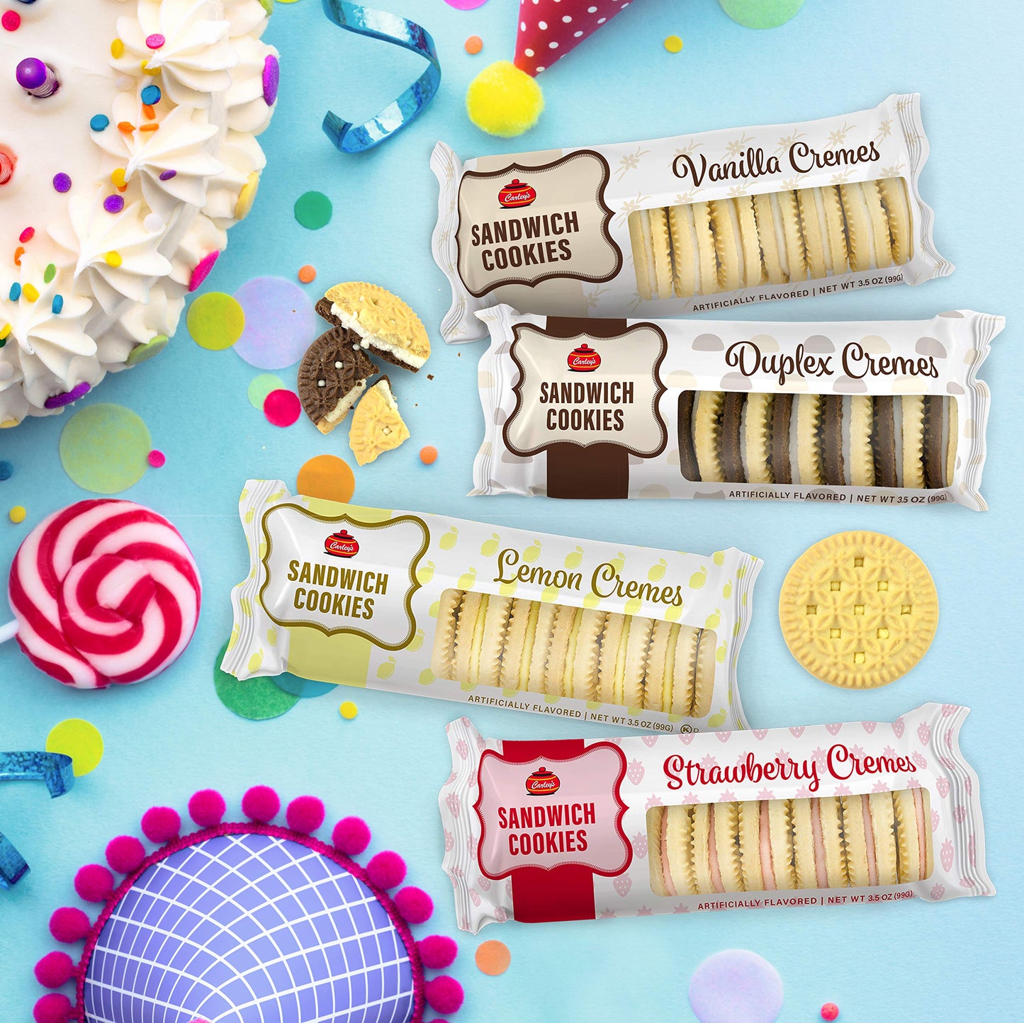 Carleys Sandwich Cookies, Lemon Creme, Perfect Lunch Box Or On-The-Go Snacks, Dessert Sweets, Snack Food Gifts, Kosher Certified, Sweet  , Nut-Free, 3.5 Oz Snack Packs, Pack Of 12