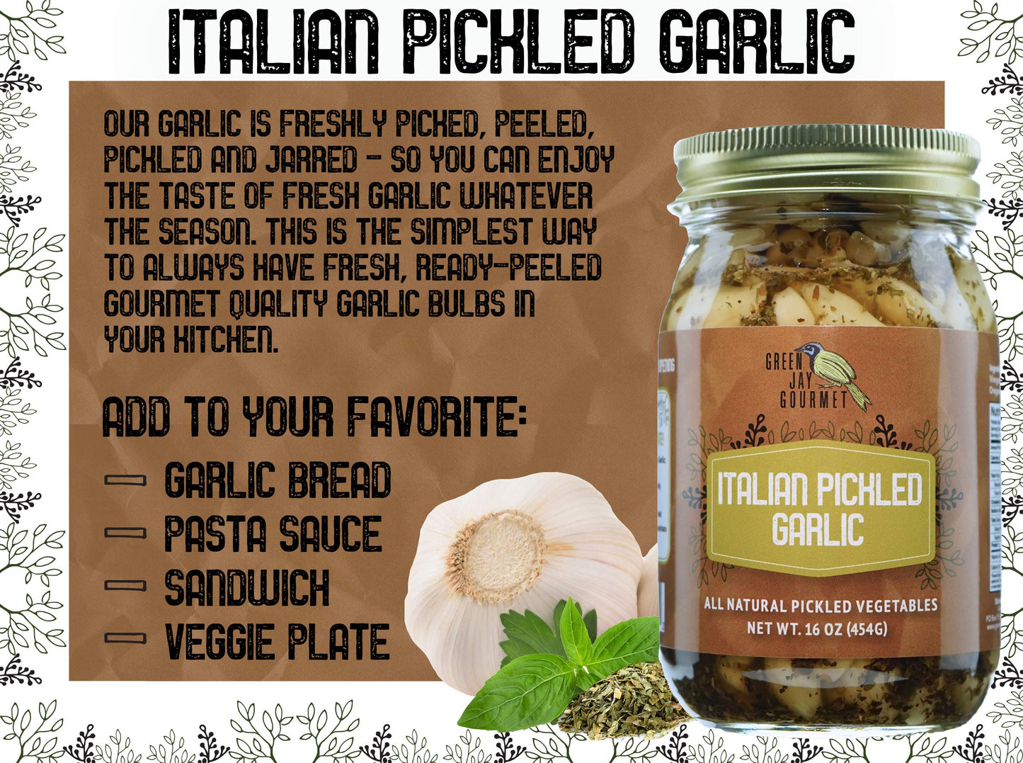 Green Jay Gourmet Pickled Garlic Cloves in a Jar - Italian Pickled Garlic - Fresh Garlic Bulbs for Cooking - Simple, Natural Ing