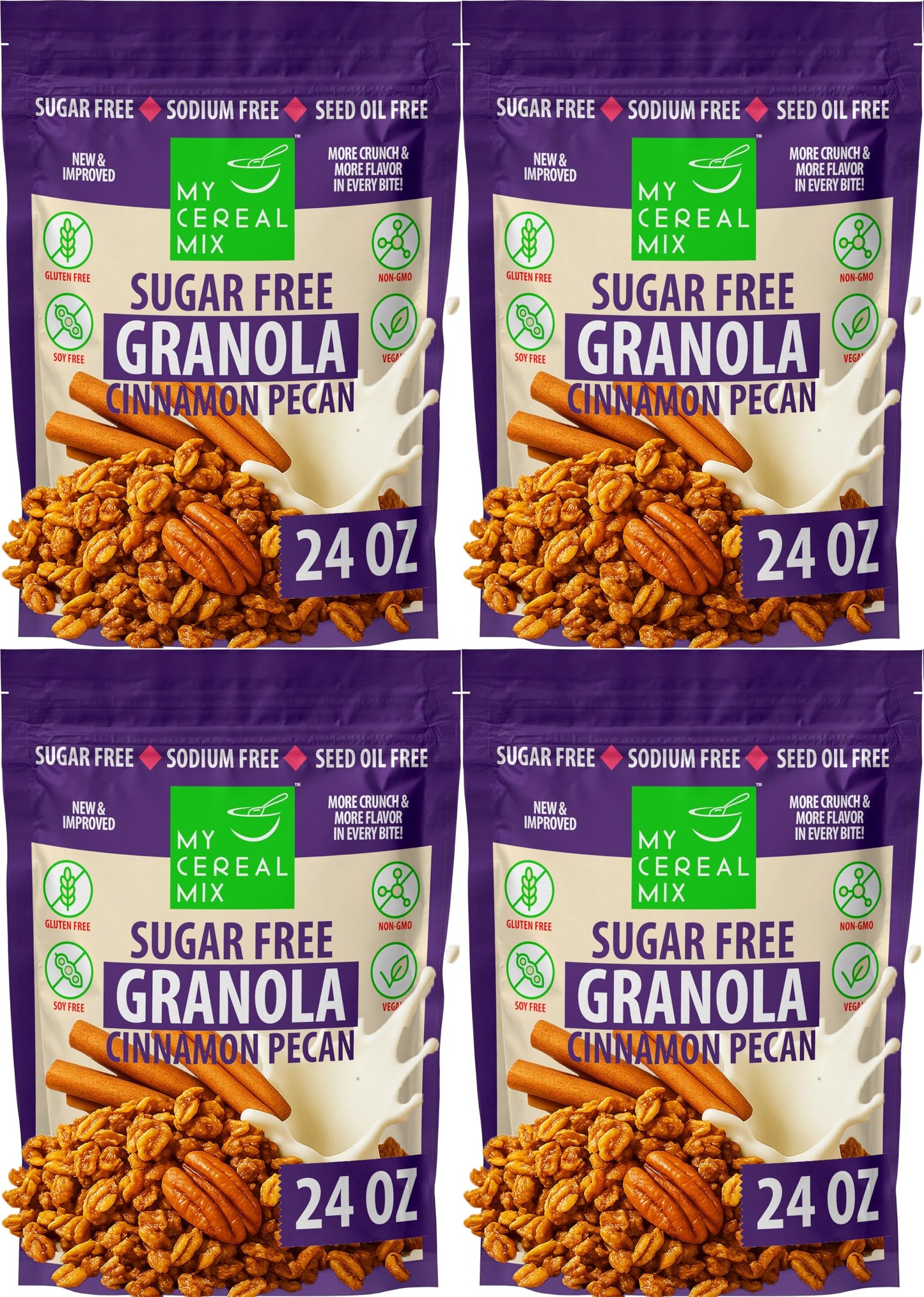 MyCerealMix Sugar Free Cinnamon Pecan Granola - 4 Pack (96oz Total) - Vegan, Gluten Free - Low Glycemic Diabetic Friendly Breakf