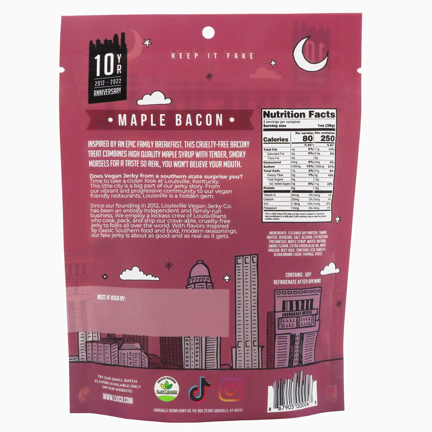 Louisville Vegan Jerky - Maple Bacon Flavor, Vegetarian & Vegan Friendly, 3 Ounce (Pack of 5)