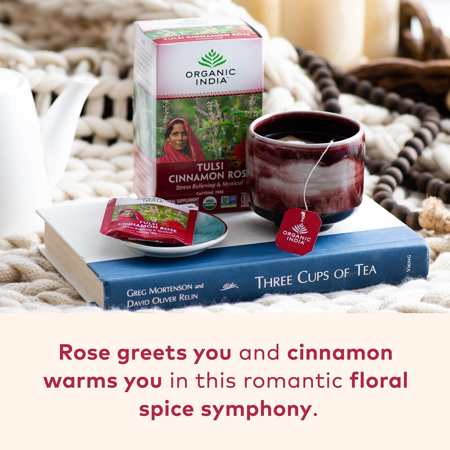 ORGANIC INDIA Tulsi Rose Tea Bags with Cinnamon - Caffeine Free, 18 Infusion Bags, 3 Pack, Berry Color