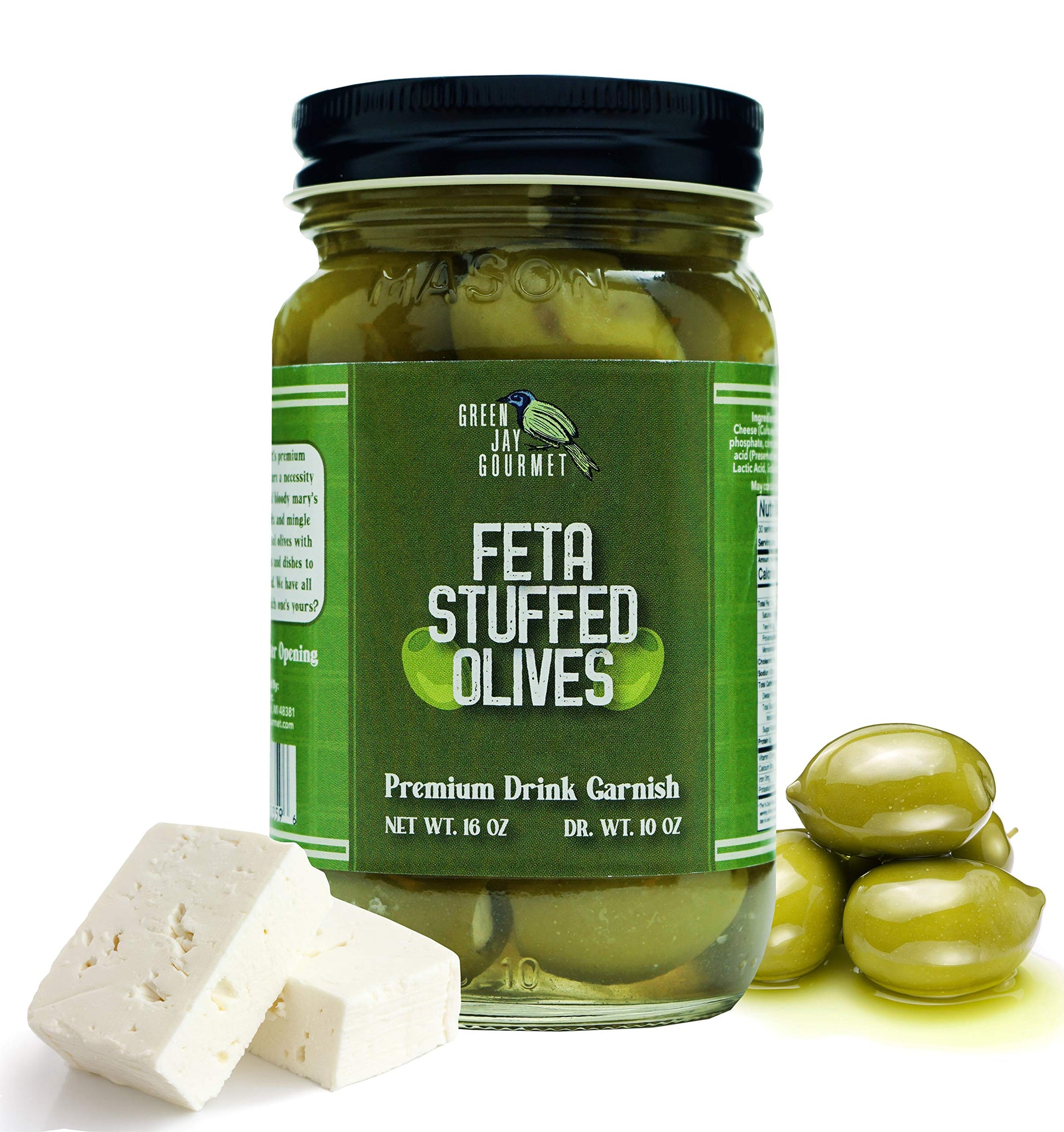 Green Jay Gourmet Feta Cheese Stuffed Olives - Cheese Stuffed Green Olives For Mixed Flavor Garnish & Cheese Board - Dirty Beverage-Style Olives - Gourmet Olives - All Natural - Large - 16 Ounces